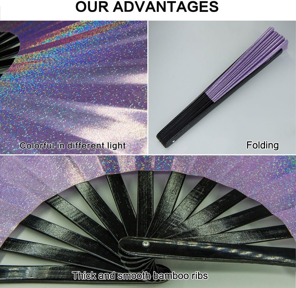 Large Rave Fan, Clack Folding Hand Fan with Premium Fabric, Thick Bamboo Frame for Men Women Gift for EDM, Festival, Club, Party, Dance, Decoration (Lridescent Purple, 11")