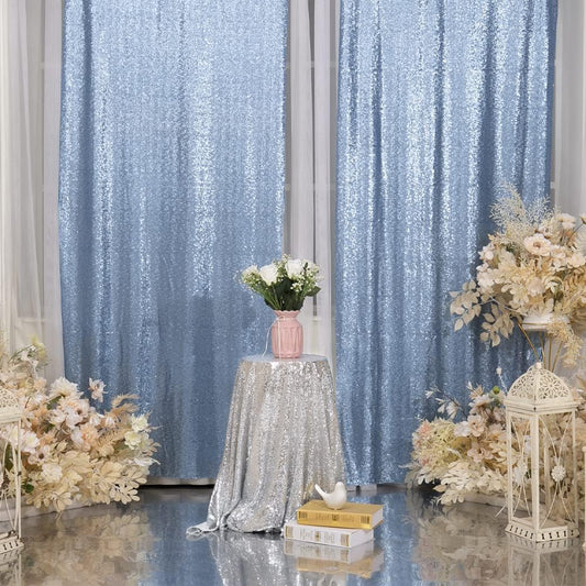 Juya Delight 2Pcs 2ftx8ft Baby Blue Shimmer Sequin Backdrop Curtains - Blue Glitter Photo Backdrop for Wedding Birthday Parties Wall Decoration