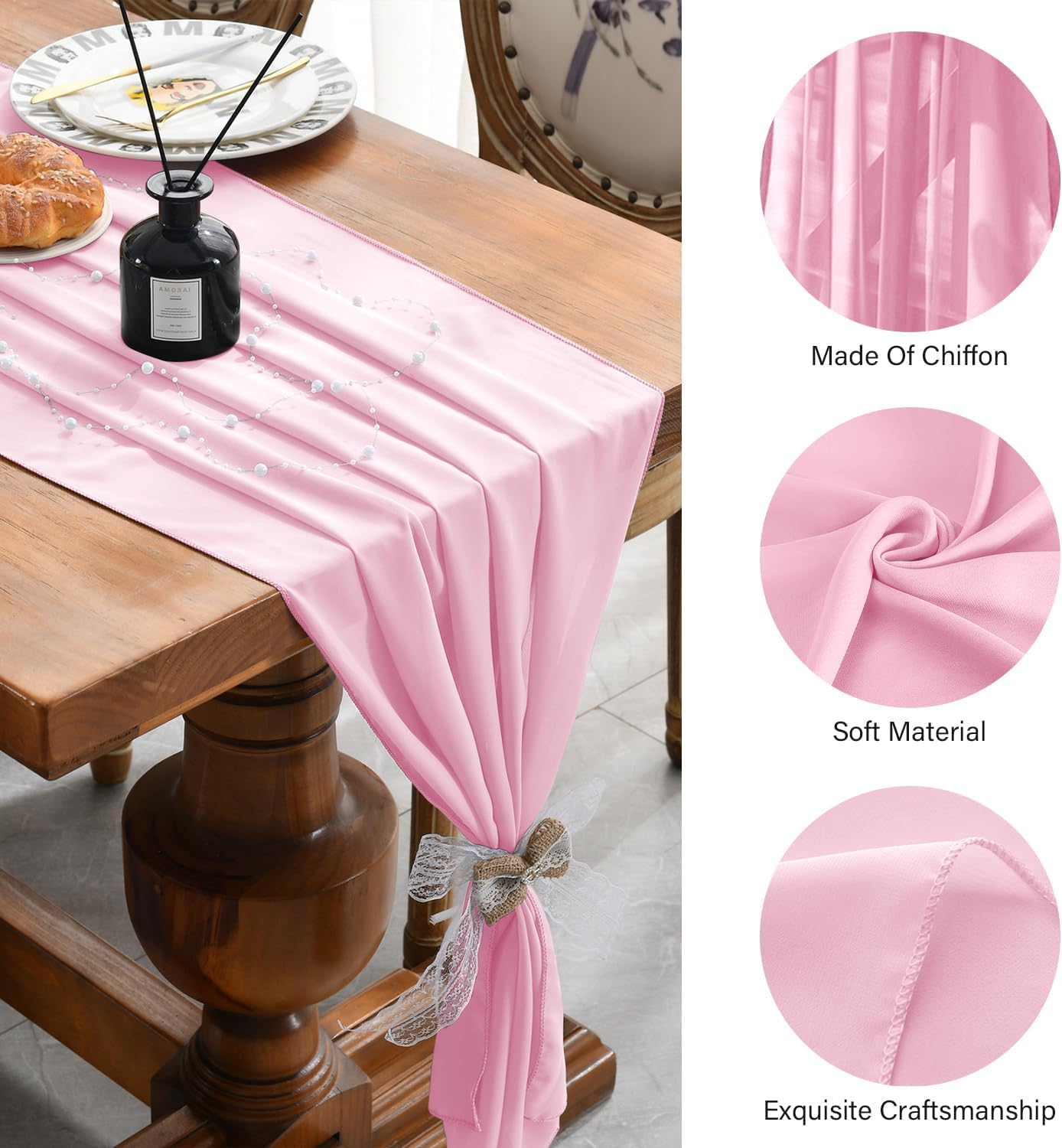 2 Pack 10 Ft Chiffon Table Runner Light Pink Gauze Long Table Runners 27x120 Inches Sheer Tulle Table Runner for Rustic Wedding Reception Bridal Shower Decorations Birthday Party