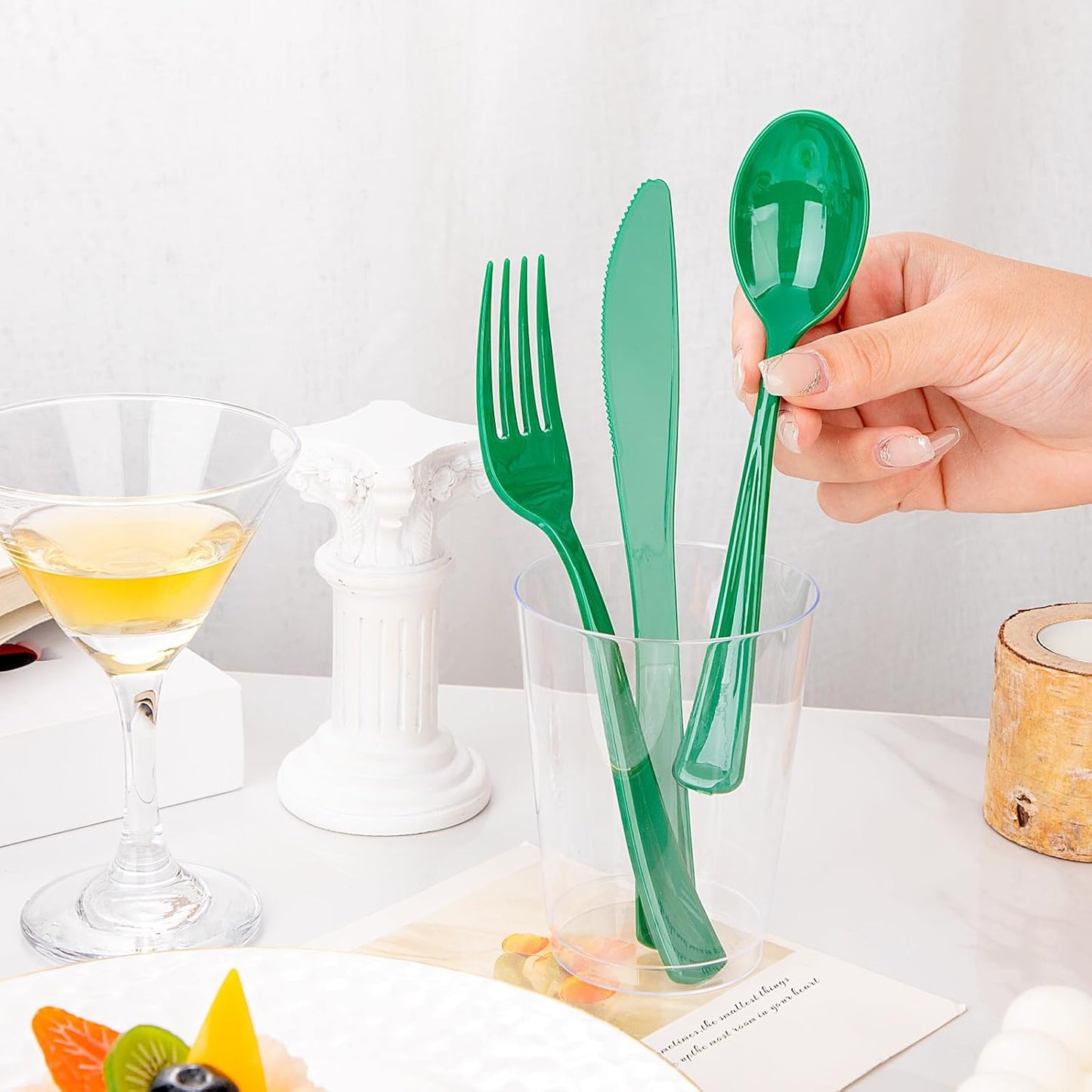 Heavy Duty Christmas Silverware - WDF 160 Pcs, Green Plastic Includes 80 Forks, 40 Spoons, 40 Knives; Perfect for Parties or Daily Use