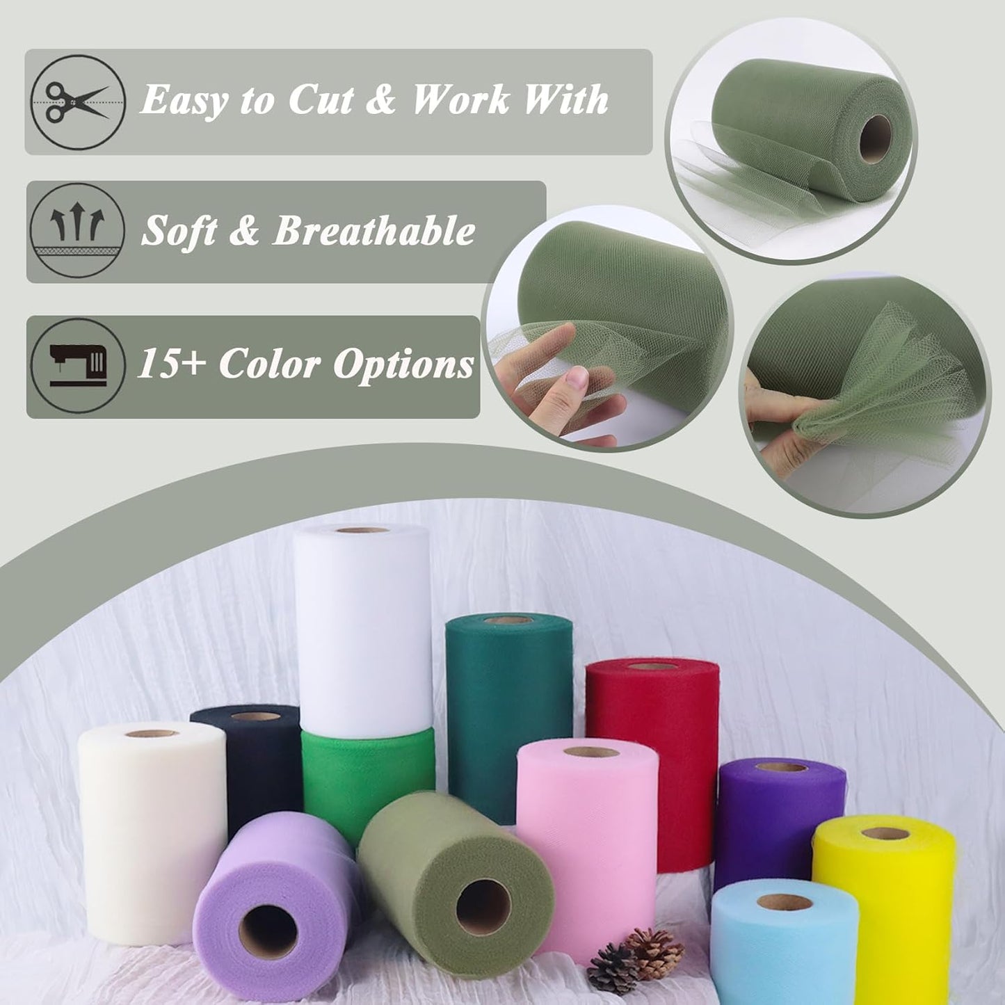 Moss Green Tulle Fabric Roll 6" by 100 Yards (300 ft) Soft Tulle Spool for DIY Crafting Favor Supplies, Tutus, Wedding, Party Decorations, Gift Wrapping