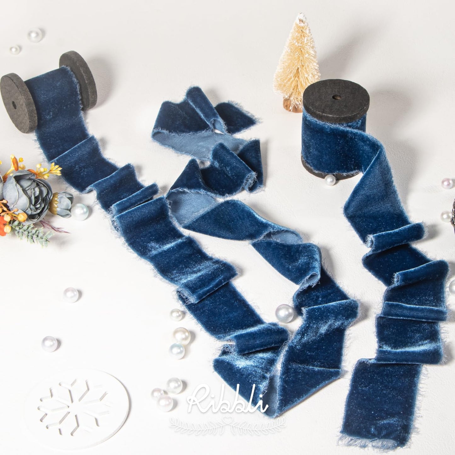 Ribbli Ocean Blue Velvet Ribbon 1.5 Inch Handmade Frayed Vintage Christmas Ribbon for Gift Wrapping Christmas Tree Ornament Wreath Craft Home Decor -Total 3 Yards with Wooden Spool