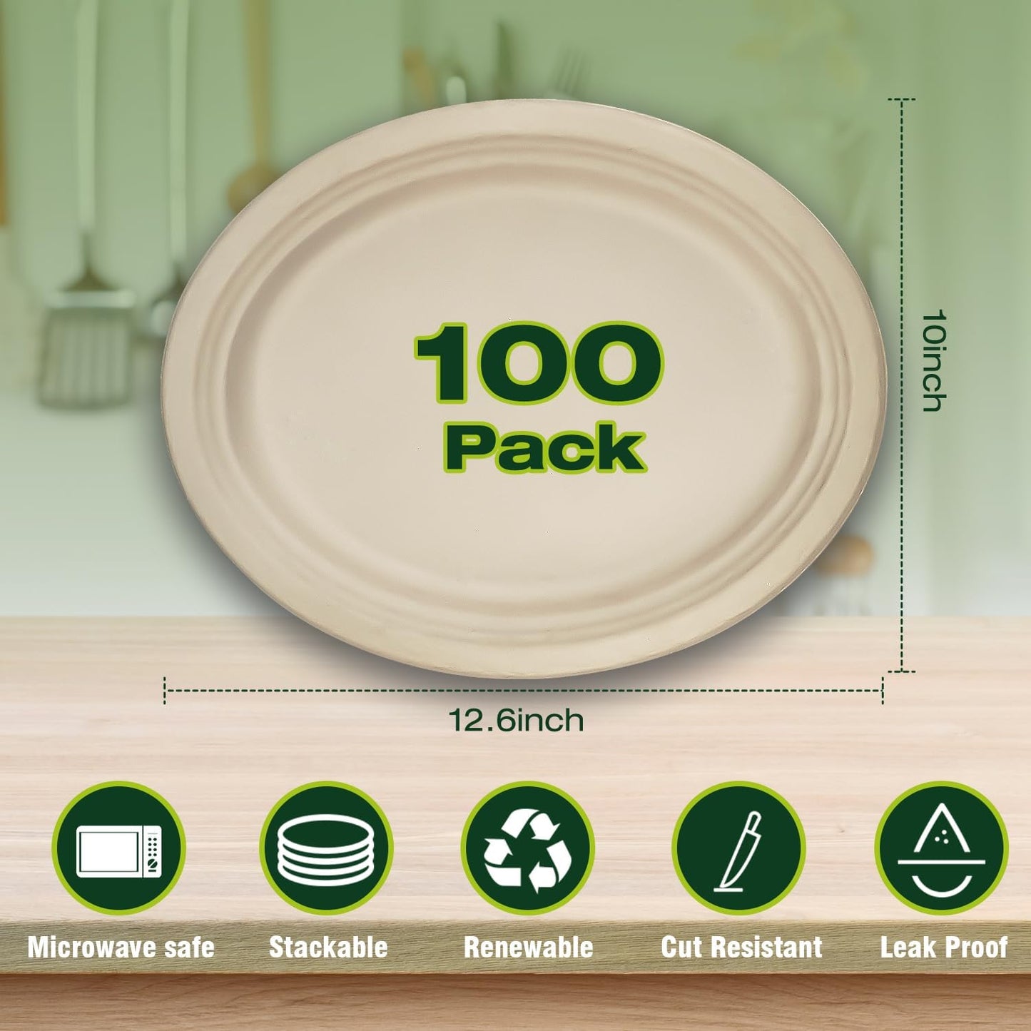 Ginkgo 100 Pack Oval Heavy Duty Paper Plates 12 Inch, Disposable Large Paper Plates Bulk for BBQ, Party, Picnic, Dessert, Thanksgiving and Every Day