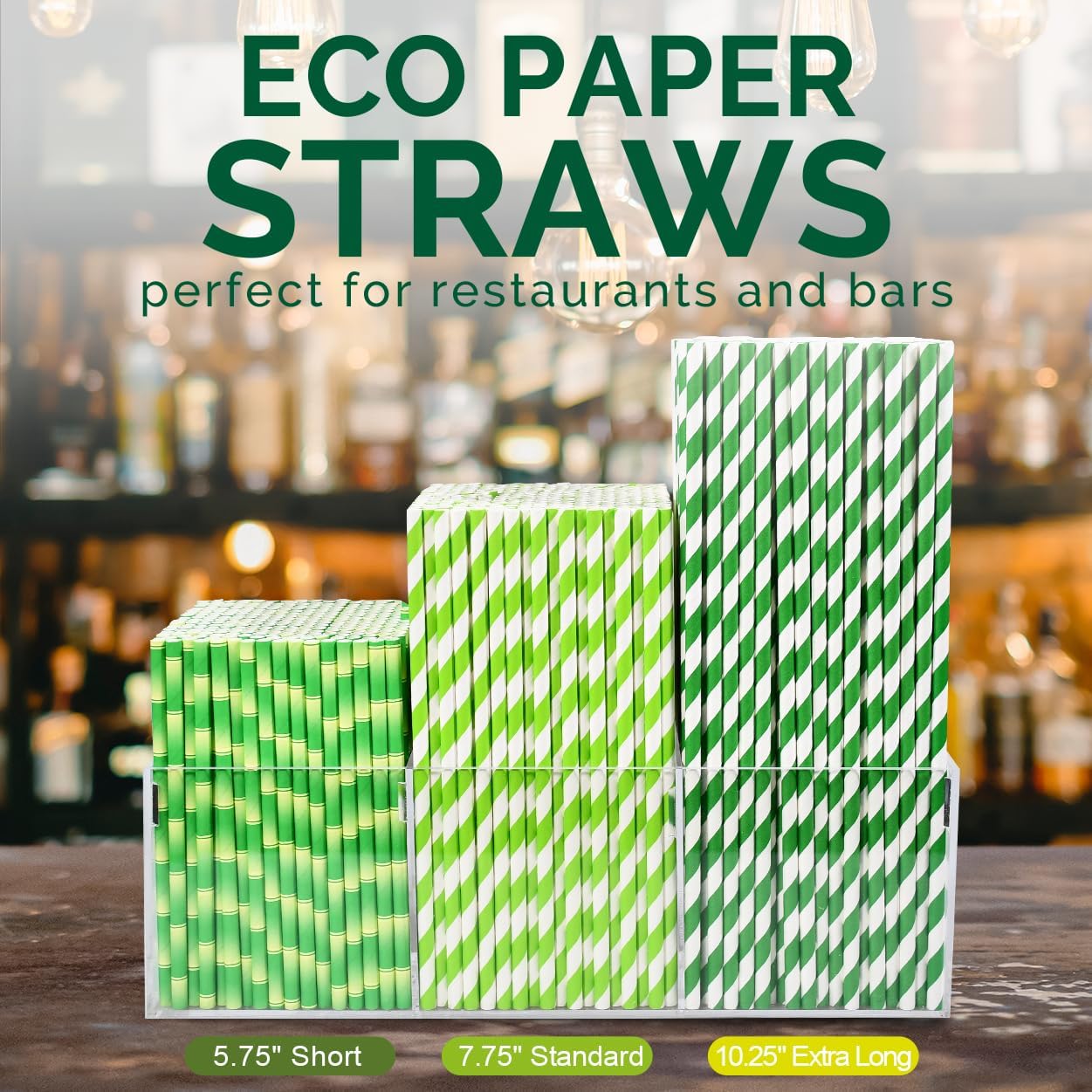 [1000 Count] 7.75 Inch Green/White Striped Paper Drinking Straws Bulk, 100% Biodegradable