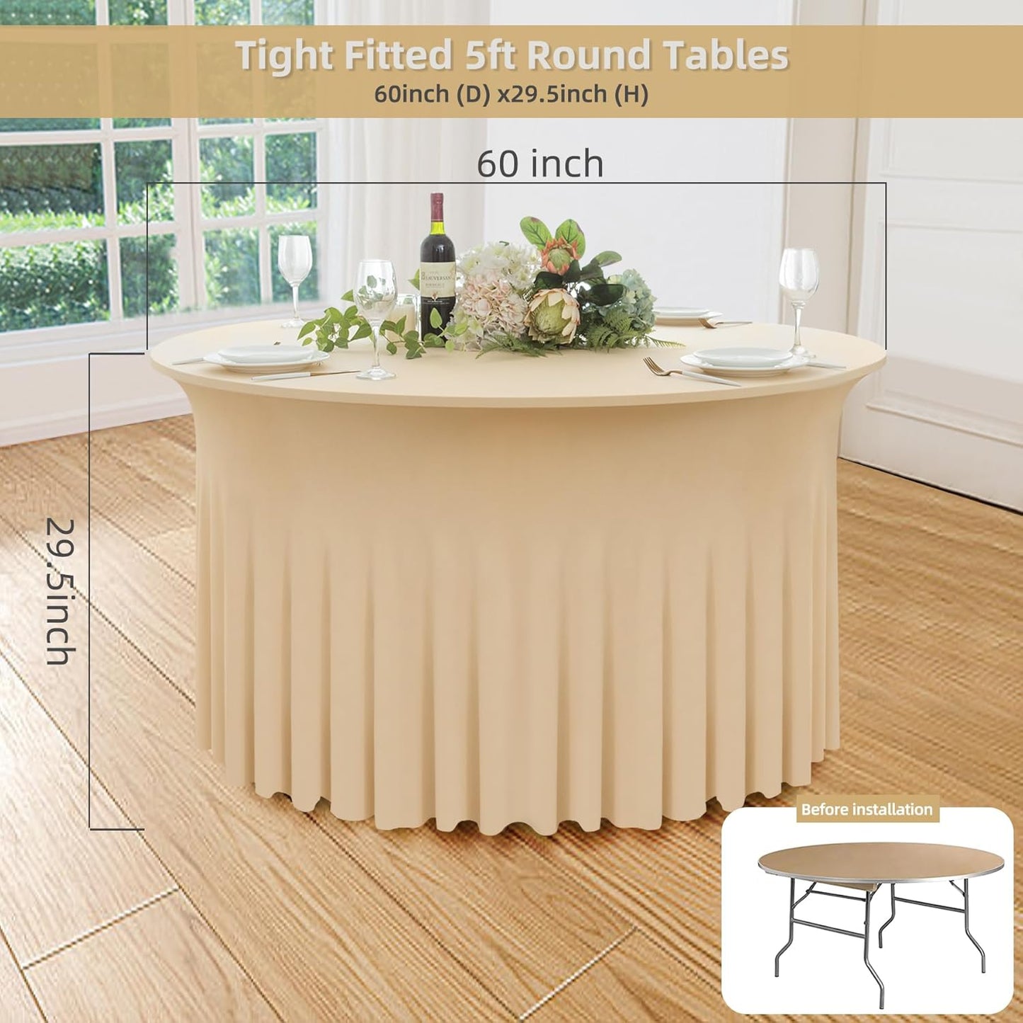 4 Pack Champagne Spandex Round Tablecloths for 60inch Tables,120inch Stretch Fitted 5ft Table Cloth,Wrinkle Free Rund Table Covers with Skirt for Banquet Wedding Birthday Parties