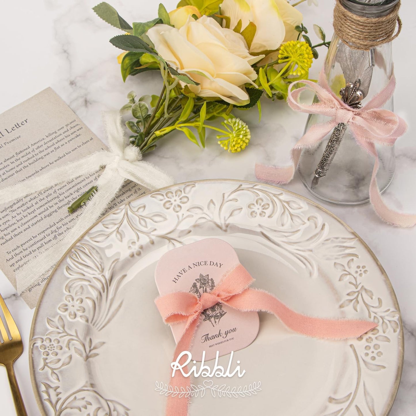 Ribbli 3 Rolls Pink Ribbon 5/8 Inch x 18Yards Ivory Blush Dusty Pink Handmade Cotton Frayed Fringe Ribbons for Gift Wrapping Wedding Invites Bridal Bouquets Baby Shower DIY Crafts Home Decor