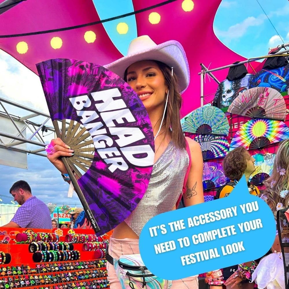 Kandies World Custom Festival Folding Hand Fan - Unique Designs, Made of Bamboo, Clacking Sound, Lightweight - Perfect Rave and Festival Accessory!