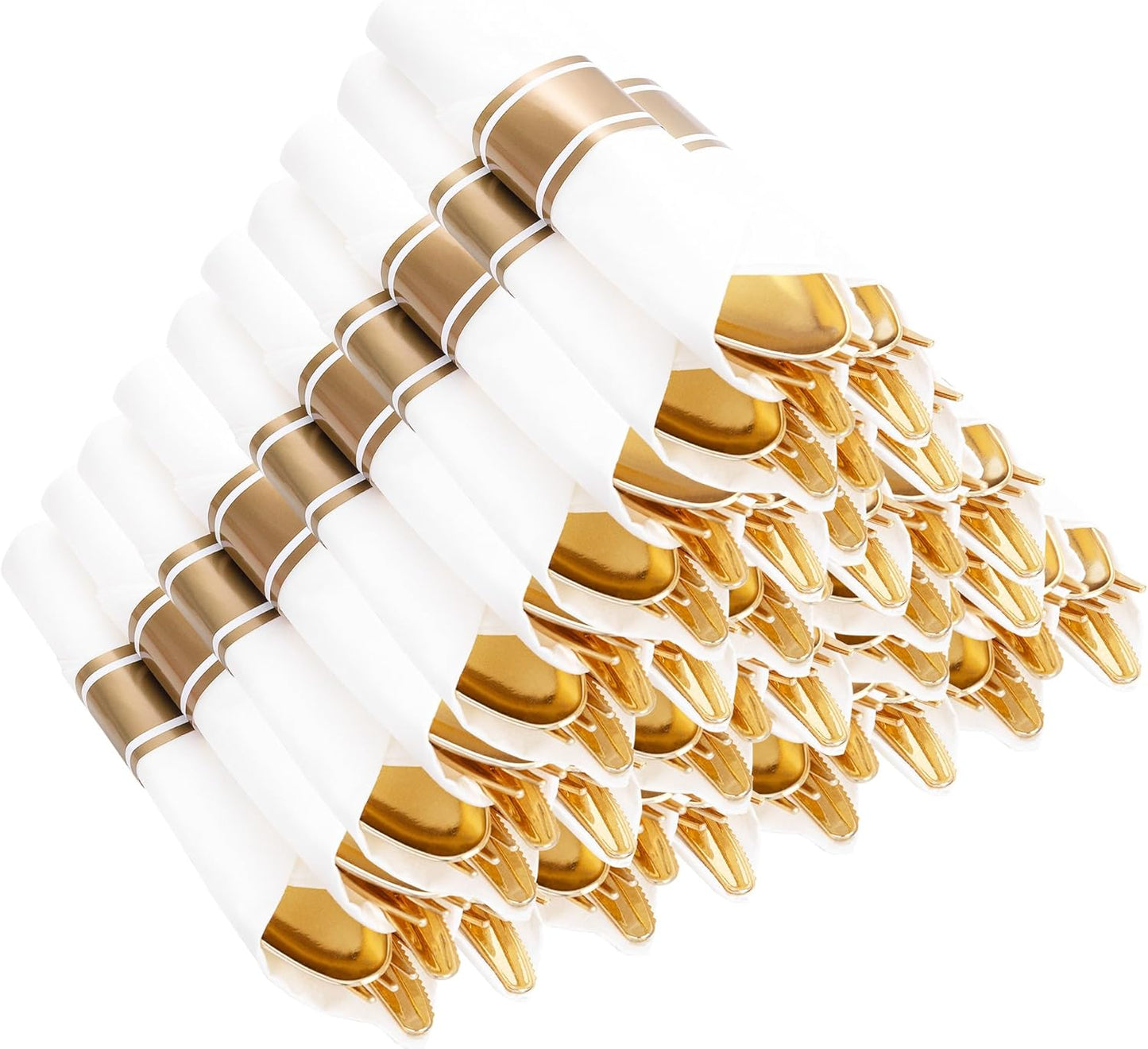 400PCS Pre Rolled Gold Plastic Silverware Sets - Heavy Duty Fancy Gold Cutlery - Include 100 Pack Wrapped Disposable Utensils with Napkins for Parties, Dinners & Weddings