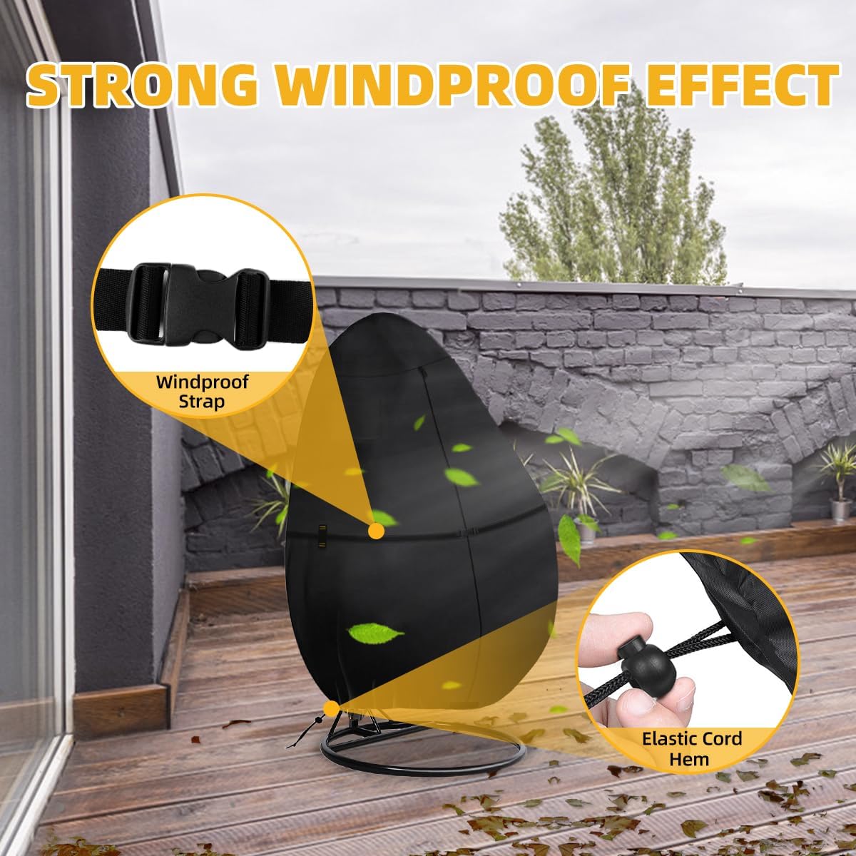 Outdoor Egg Chair Cover Waterproof with Zipper, UV Resistant & Windproof All-Weather Hanging Egg Chair Cover, Fade and Tear Resistant Hanging Chair Covers, 91" x 80", Black