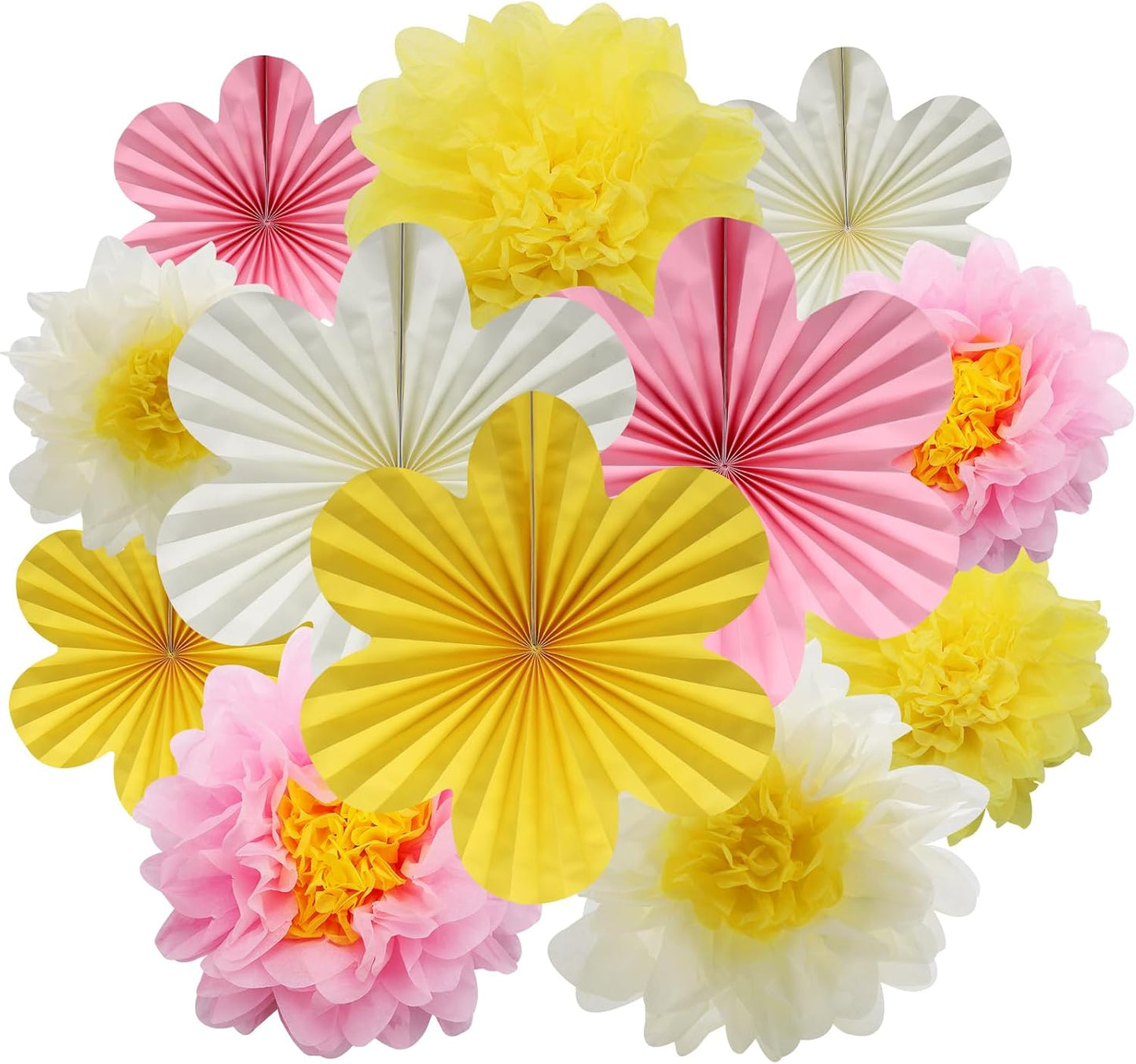 BestoFun 12PCS Paper Flowers Fans Pink Yellow Party Decorations Tissue Paper Flowers Decorations for Girl Groovy Birthday Baby Shower Wedding Bachelorette Room Wall Hanging Décor