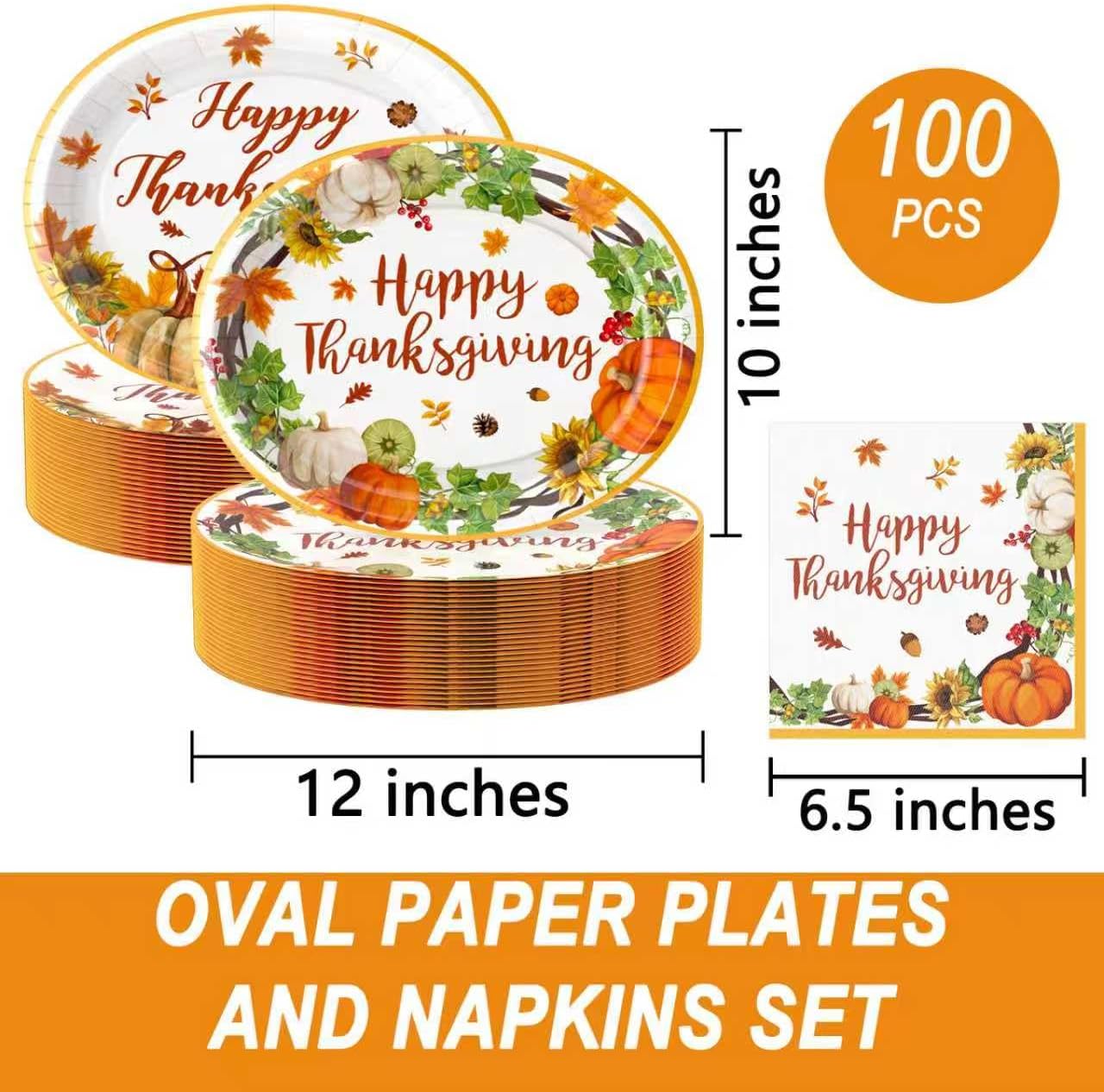 100Pcs Thanksgiving Oval Paper Plates and Napkins Set, 10" x 12" Party Plates,Large Disposable Dinner Plates for Fall Party and Thanksgiving Day