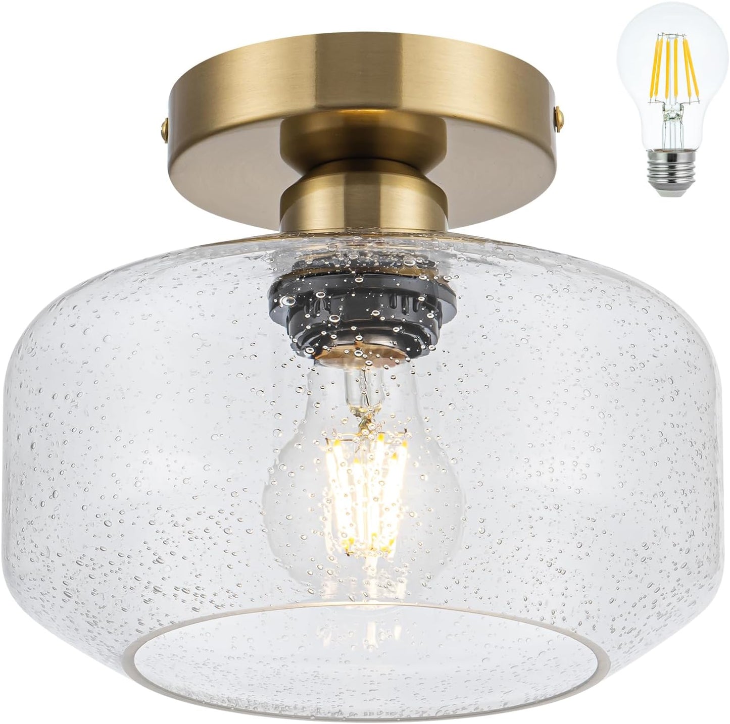 Simple & Elegant Semi Flush Mount Ceiling Light - Gold and Brass Fixture w/ 900LM LED Bulb for Kitchen, Bathroom, Hallway Lighting | Vintage Seeded Glass | Easy Install