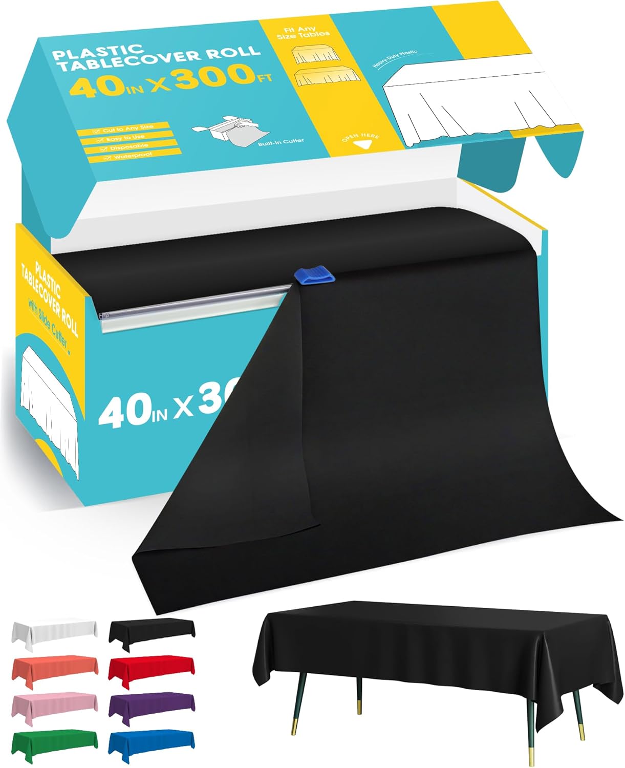 Black Plastic Table Cover Roll - 40IN x 300FT, Table Cloth for Rectangle Table with Slide Cutter, Plastic Table Cloth Disposable with Cut-to-Size Design for Weddings, Banquets, Parties