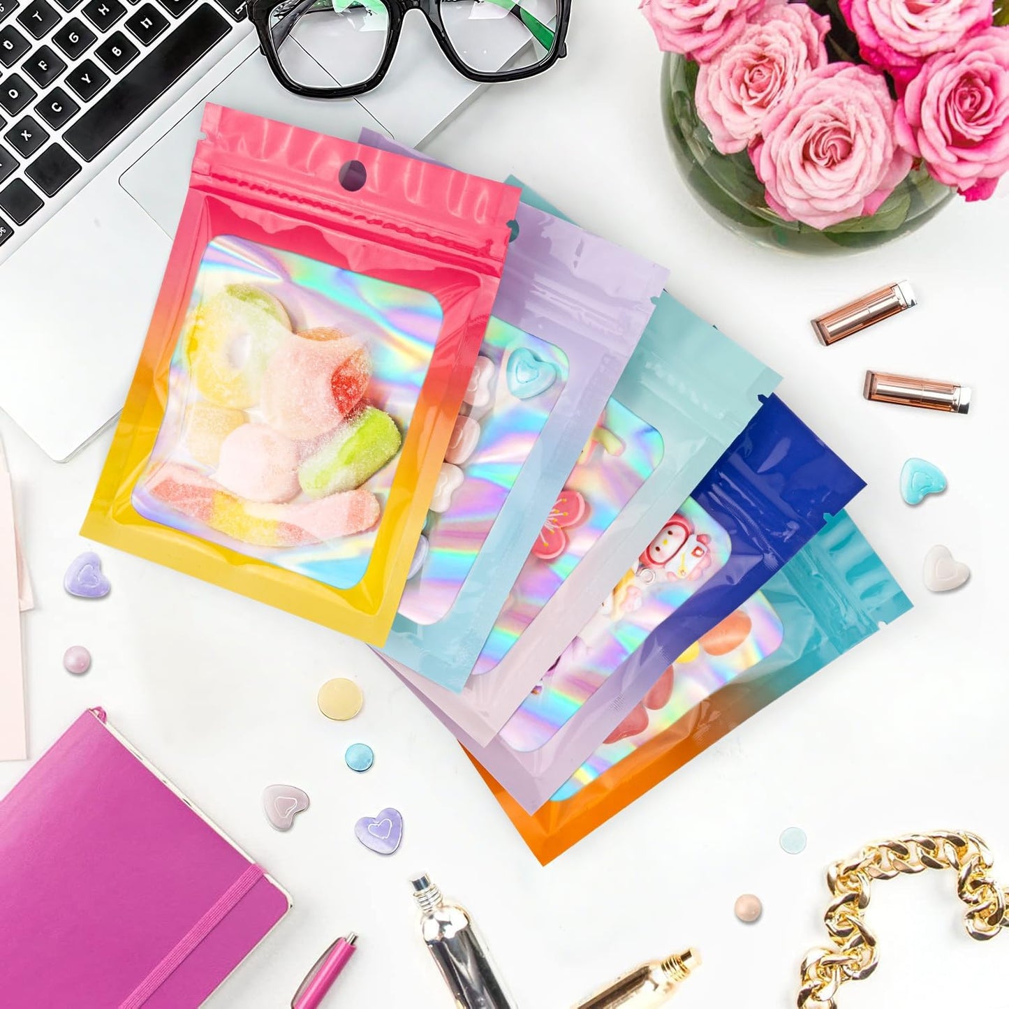 Funfery 100 Pcs Gradient Mylar Holographic Bags,Clear Window Smell Proof Foil Bag Sealing Resealable Bags with Zipper,Packaging Bag for Food Storage,Jewelry,Business Supplies(3.5×4.7in,Blue Orange)