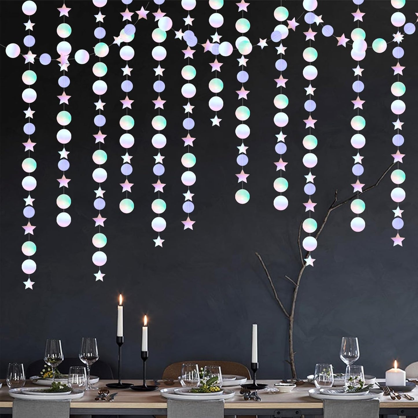 Iridescent Disco-Holographic Birthday Party-Decorations Garland - 52Ft Star Neon Wedding Hanging Paper Streamers Banner,Christmas Bachelorette Baby Bridal Shower Engagement Decor Ouruola