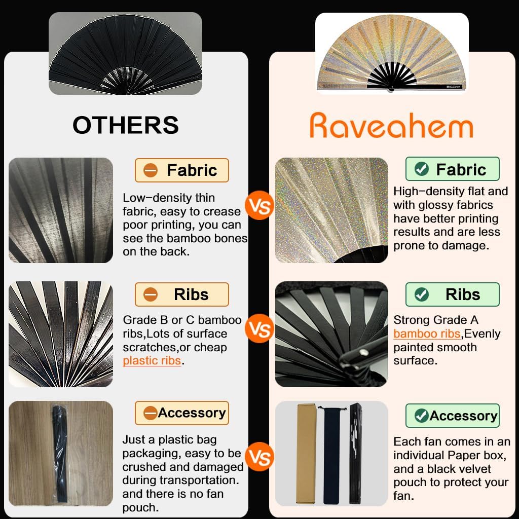 Large Rave Fan, Clack Folding Hand Fan with Premium Fabric, Thick Bamboo Frame for Men Women Gift for EDM, Festival, Club, Party, Dance, Decoration (Lridescent Beige, 13")