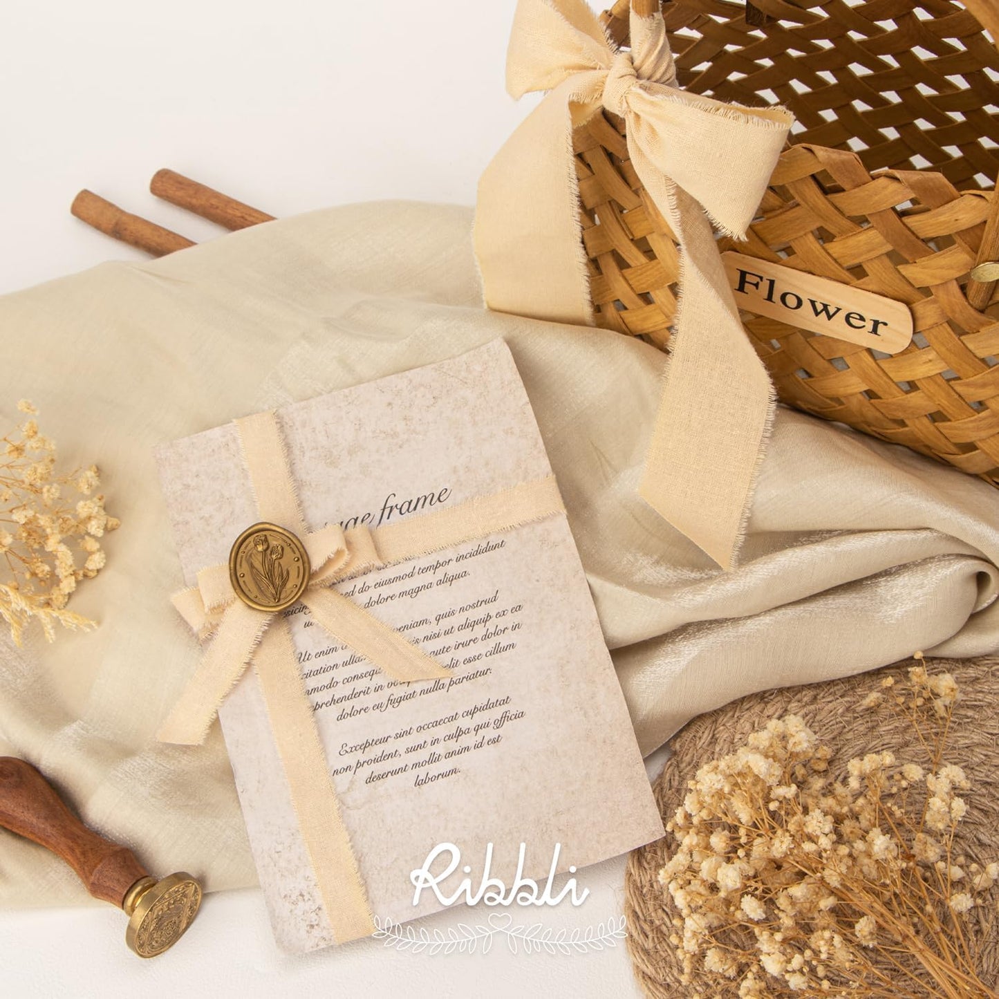 Ribbli 3 Rolls Nude Ribbon 1.5 Inch x 18Yards Beige Handmade Cotton Frayed Fringe Ribbons for Gift Wrapping Wedding Invites Bridal Bouquets Baby Shower DIY Crafts Home Decor