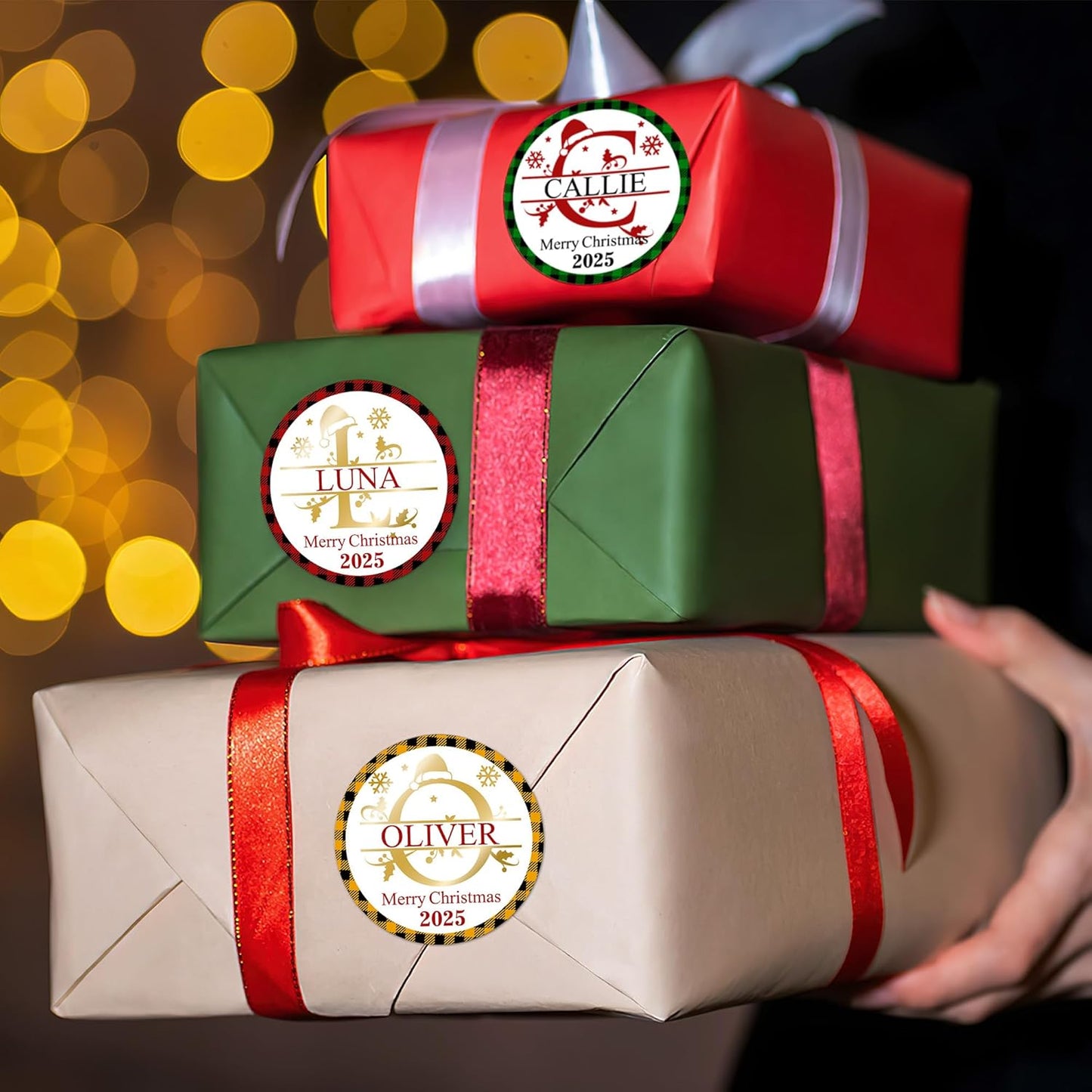 CALLIE Personalized Christmas Stickers with Custom Name, Waterproof Custom Christmas Name Tags Stickers, Peel and Stick Christmas Gift Tags (Christmas Monogram)