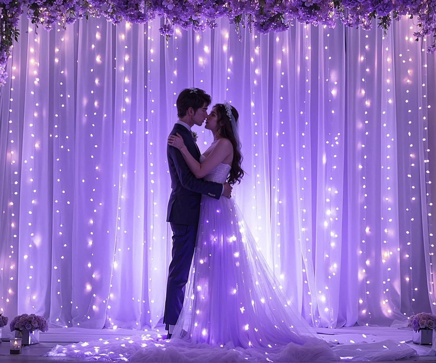 Purple Backdrop Curtains with Lights String for Wedding Birthday Party 10ft×10ft Sheer Tulle Backdrop Curtain for Bridal Shower Baby Shower Photo Shoot Background Wall Decorations 2 Panels 5×10ft