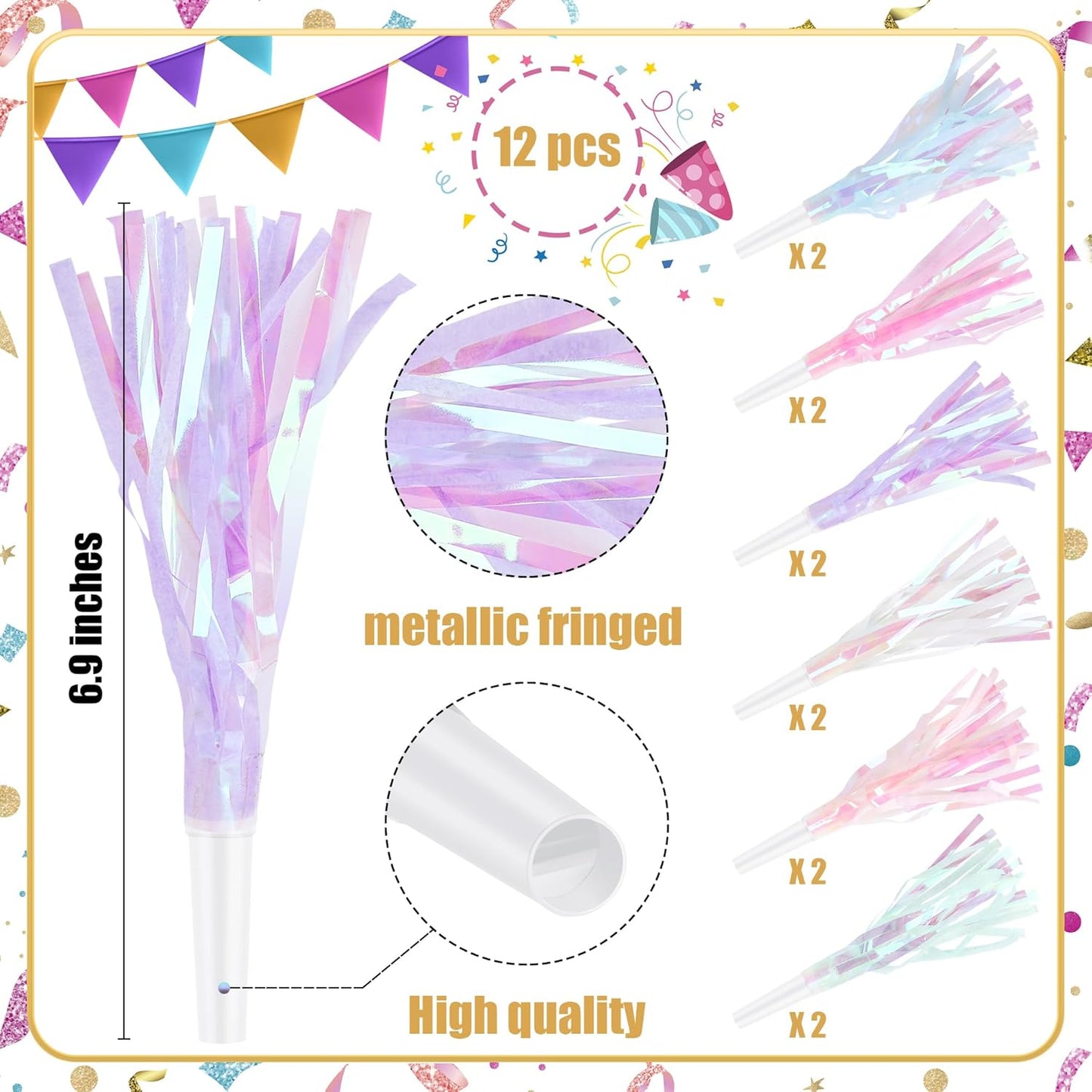 12 Pcs Party Blowers Glitter Noise Makers Metallic Fringed Party Horns for Adults Birthday Graduation New Years Party Favors Supplies