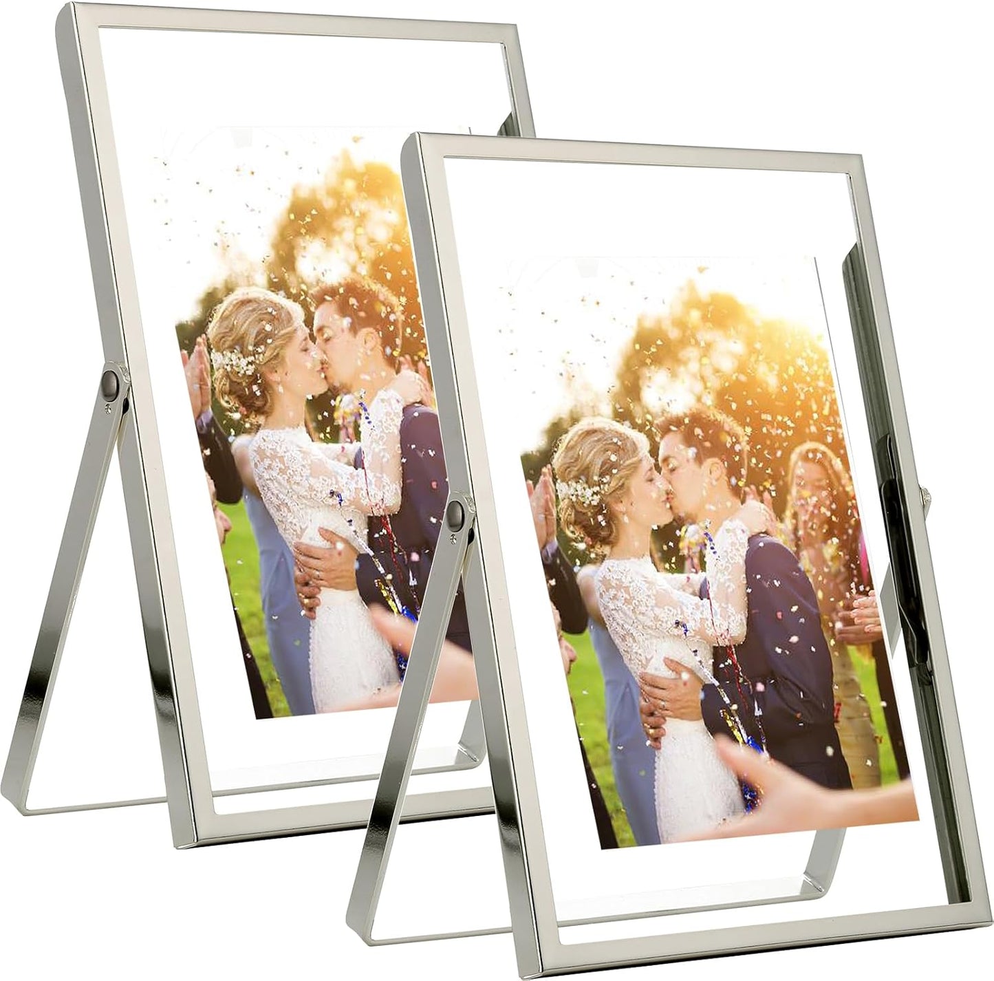 Silver 4x6'' Floating Frame Set of 2,For Photo Sizes (2x3'',3.5x 5''),Silver Plated Metal Double Frames 4x6'' for Tabletop/Shelf Photo Frame,Wedding,Birthady,or Office Decoration Frame