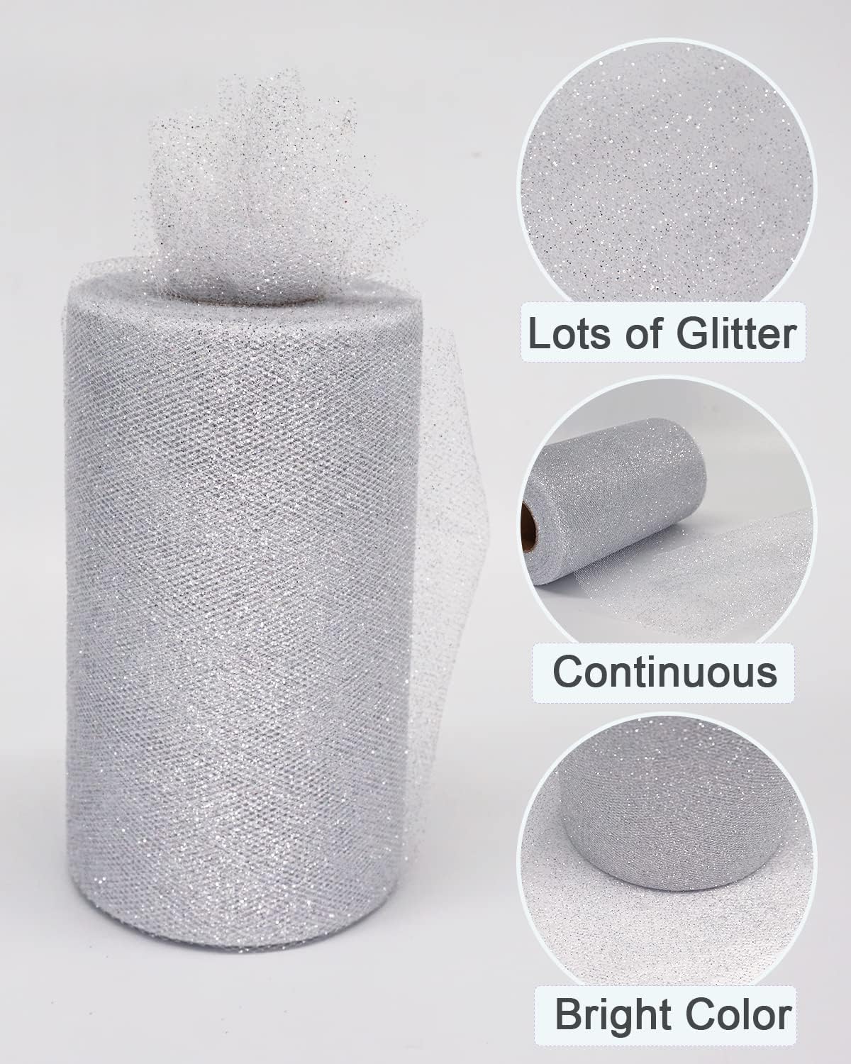 Glitter Tulle Fabric Rolls, 6 Inch 50 Yards (150ft) Sparkling Spool Ribbon Sequin Netting for Tutu Skirt Gift Wrapping Wedding Party Decoration (Silver)