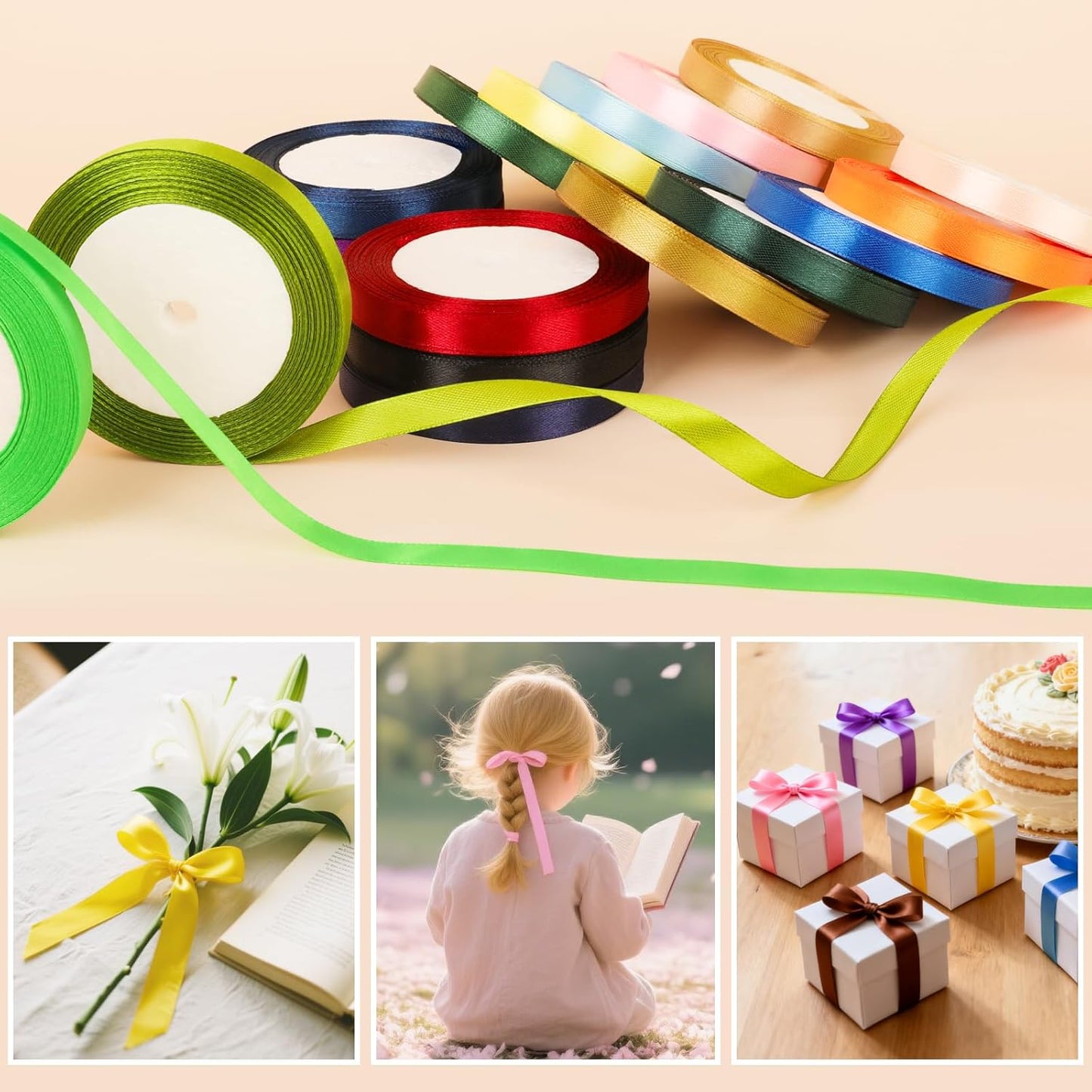 NESCCI 400 Yards Ribbon,3/8 Inch Satin Ribbon,Single Face Satin Ribbons, Perfect for Gift Wrapping,Wedding Decoration,Handmade Bows,Wrapping Bouquet,Halloween, Christmas