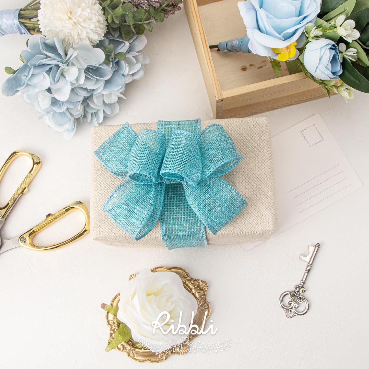 Ribbli Light Blue/Ocean Blue Burlap Wired Ribbon,1-1/2” Inch x Continuous 10 Yard, Wired Edge Ribbon for Big Bow,Wreath,Tree Decoration,Outdoor Decoration