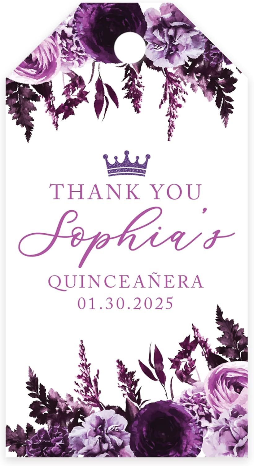 Andaz Press 40-Pack Personalized Quinceañera Favor Tags with String, Purple Florals Custom Classic Thank You Gift Tags for Quince Años XV 15th Birthday Favor Gifts Quinceanera Decorations