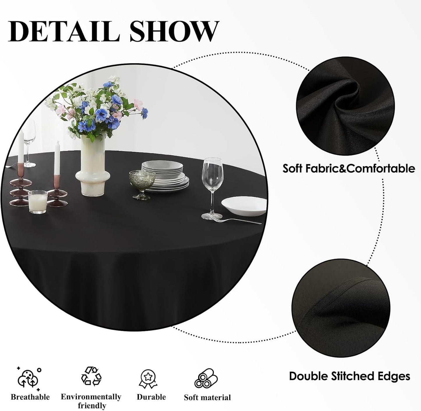 Round Tablecloth 6 Pack 90 Inch Black Tablecloths Washable Decorative Linen Polyester Table Clothes Cover for Dining Table Banquets Buffet Parties and Wedding