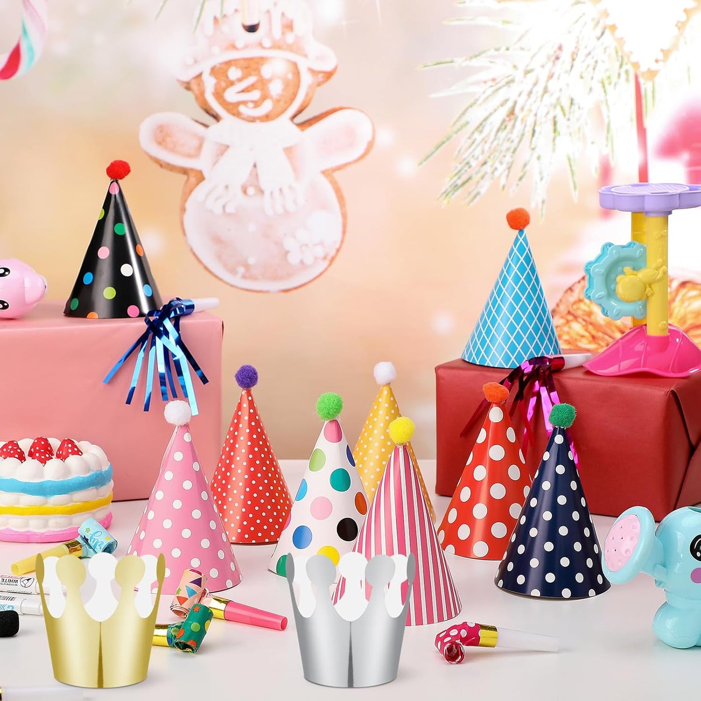 Skylety 59 Pieces Party Cone Hats with Colorful Blowers and Metallic Fringed Noisemakers Birthday Blowouts Horns Whistles Musical Noisemaker for Adults Birthday Party Supplies