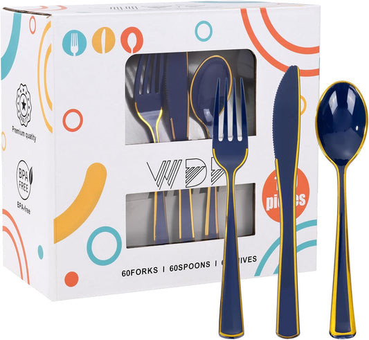 WDF 180PCS Blue Plastic Silverware -Blue and Gold Plastic Cutlery 60 Forks, 60 Knives, 60 Spoons - Heavy Duty Disposable Silverware for Party/Wedding/Space Themed Birtyday Party