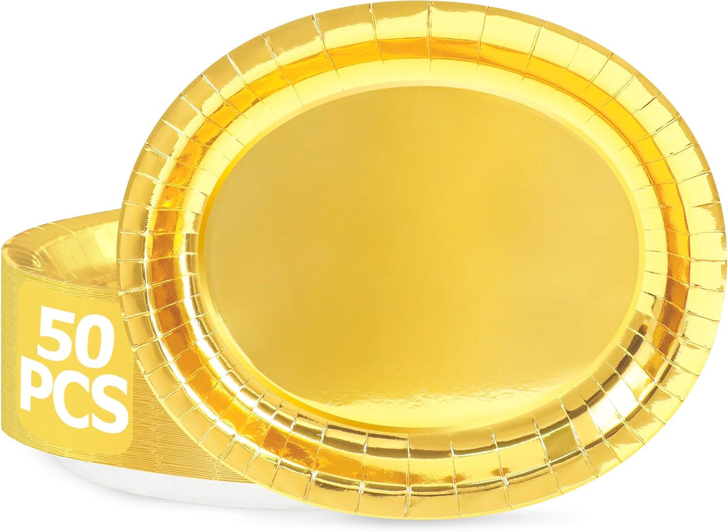 QZYL 50 Pcs Gold Foil Paper Plates, 12.2'' X 10.2'' Oval Large Paper Plates, Dinner Plates Party Decorations Disposable Plates for Birthday Wedding Picnic Graduation Ceremony Anniversary Daily Use