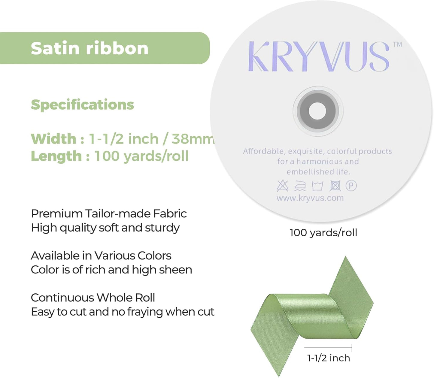 Sage Green Satin Ribbon 1-1/2 inch X Continuous 100 Yards, Single Face Polyester Ribbon Perfect for Gift Wrapping, Flower Bouquet, Wedding Decor, Crafts, Bow Making, Sewing and More