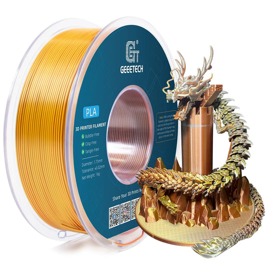 Geeetech 3D Printer Silk PLA Tri-Color Filament, Metal-Like Shiny Silk Filament 1.75mm 1kg (2.2lbs) Spool, Dimensional Accuracy +/- 0.02 mm, Tri-Color Gold Silver Copper