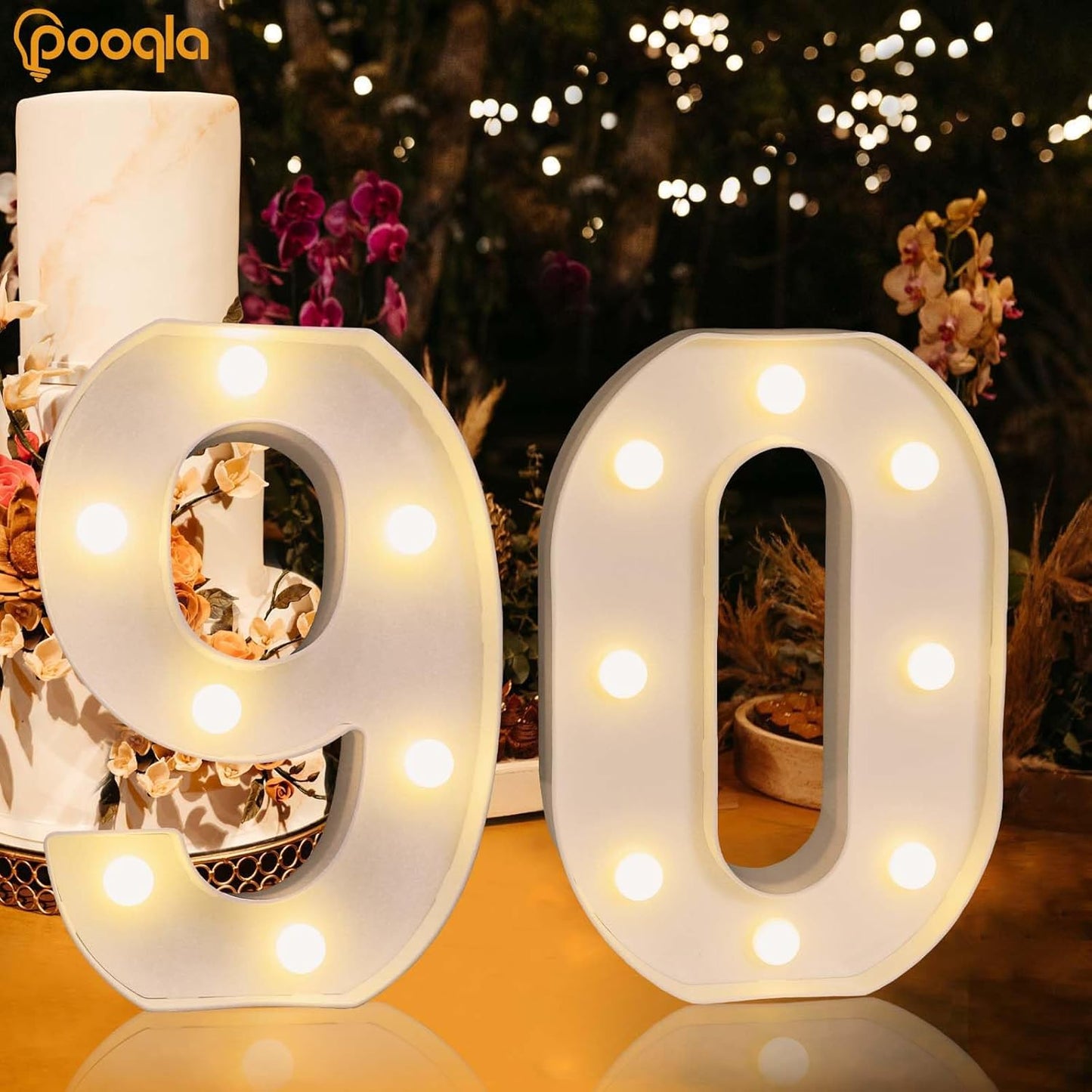 Pooqla Decorative LED Light Up Number Letters, White Plastic Marquee Number Lights Sign for 90th Birthday Party Wedding Decor, Battery Operated