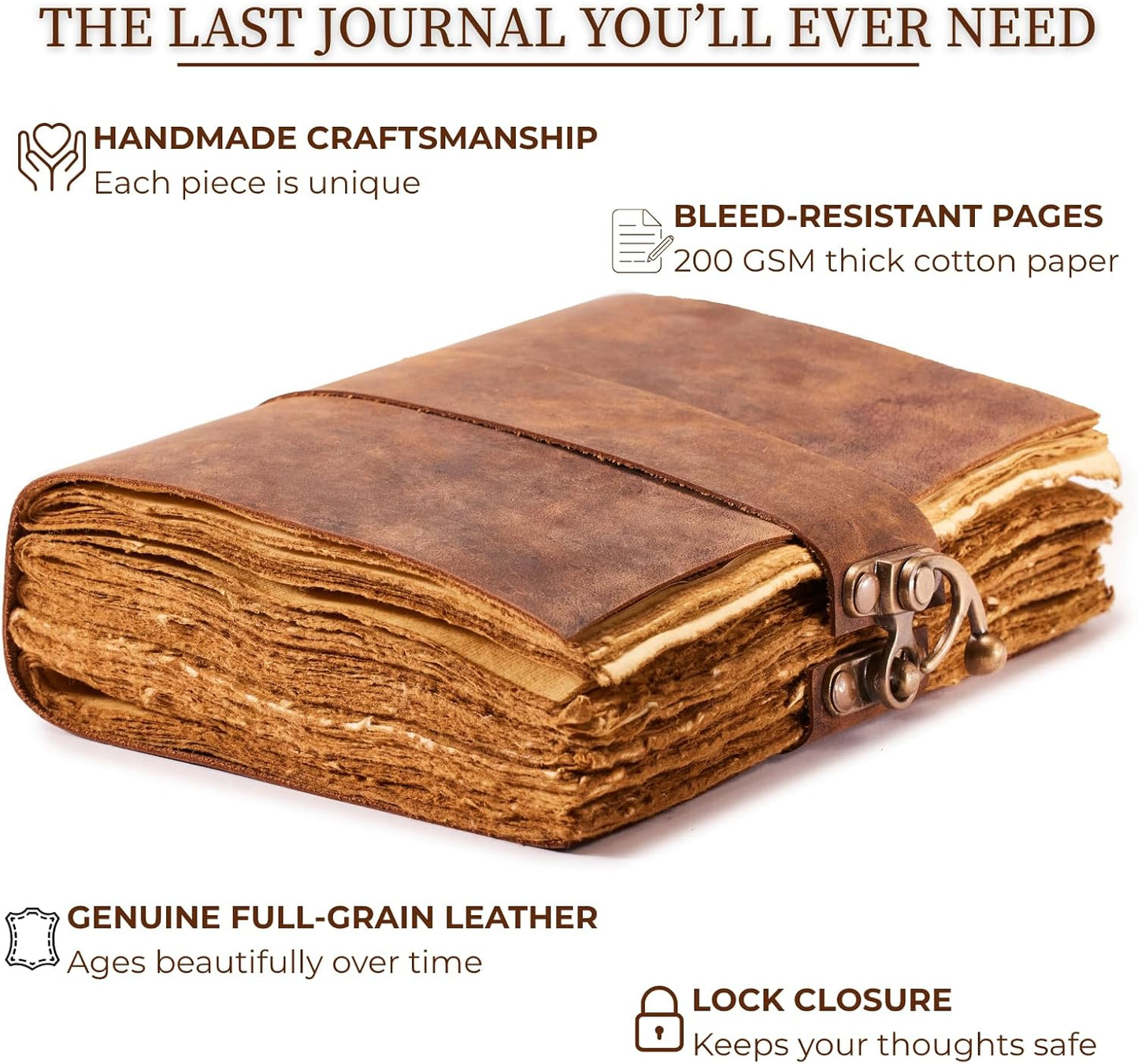 NomadCraftsCo. Vintage Leather Journal - Lock Closure, Book of Shadows Journal, Grimoire Journal, Witch Journal, Vintage Journal 240 pages Antique Deckle Edge Paper