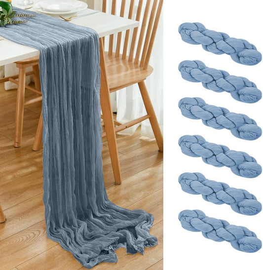 6 Pack Dusty Blue Cheesecloth Table Runner 20x120 Inch Boho Wrinkled Sheer Romantic Gauze Decor for Wedding, Bridal Shower, Birthday Party