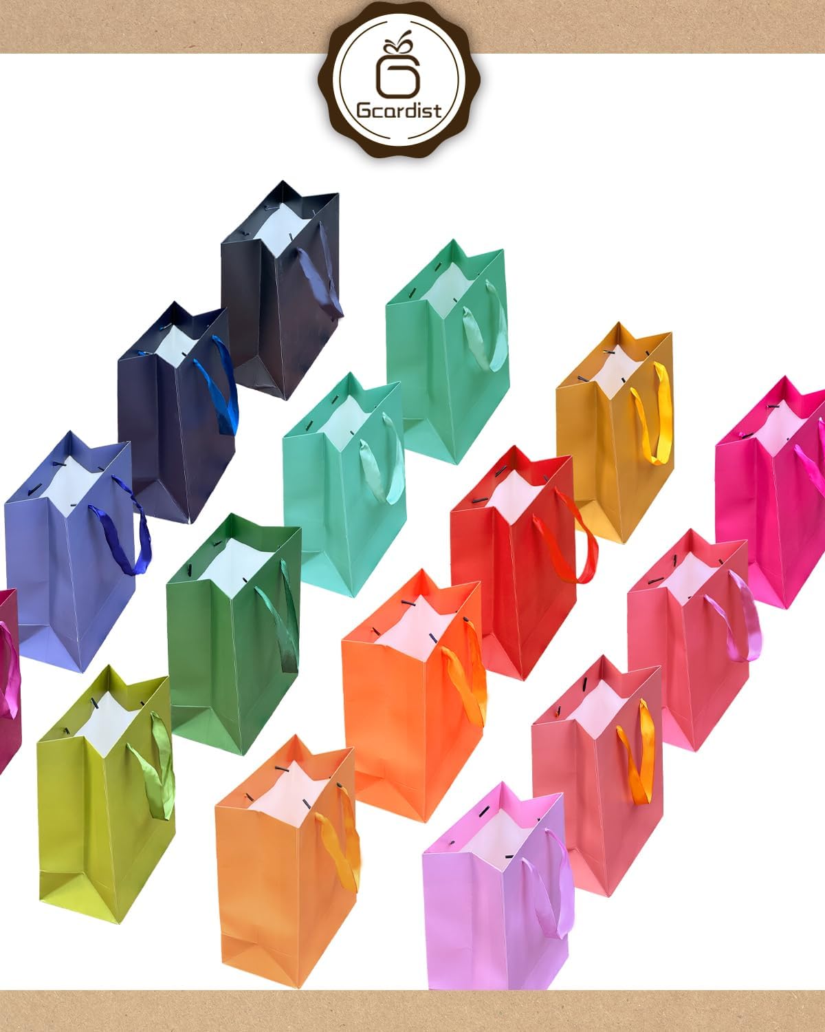 Gcardist 16 Colors Gift Bags with Tissue Paper for Wedding, Birthday, Party Supplies-7.9"x4.3"x9.6" Light Color Series Medium Size Cardboard Gift Bags （16pcs Bags +32pcs Tissue Paper ）