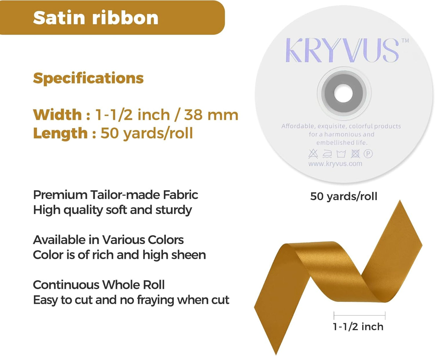 Gold Satin Ribbon 1-1/2 inch X Continuous 50 Yards, Single Face Polyester Ribbon Perfect for Gift Wrapping, Flower Bouquet, Wedding Decor, Crafts, Bow Making, Sewing and More