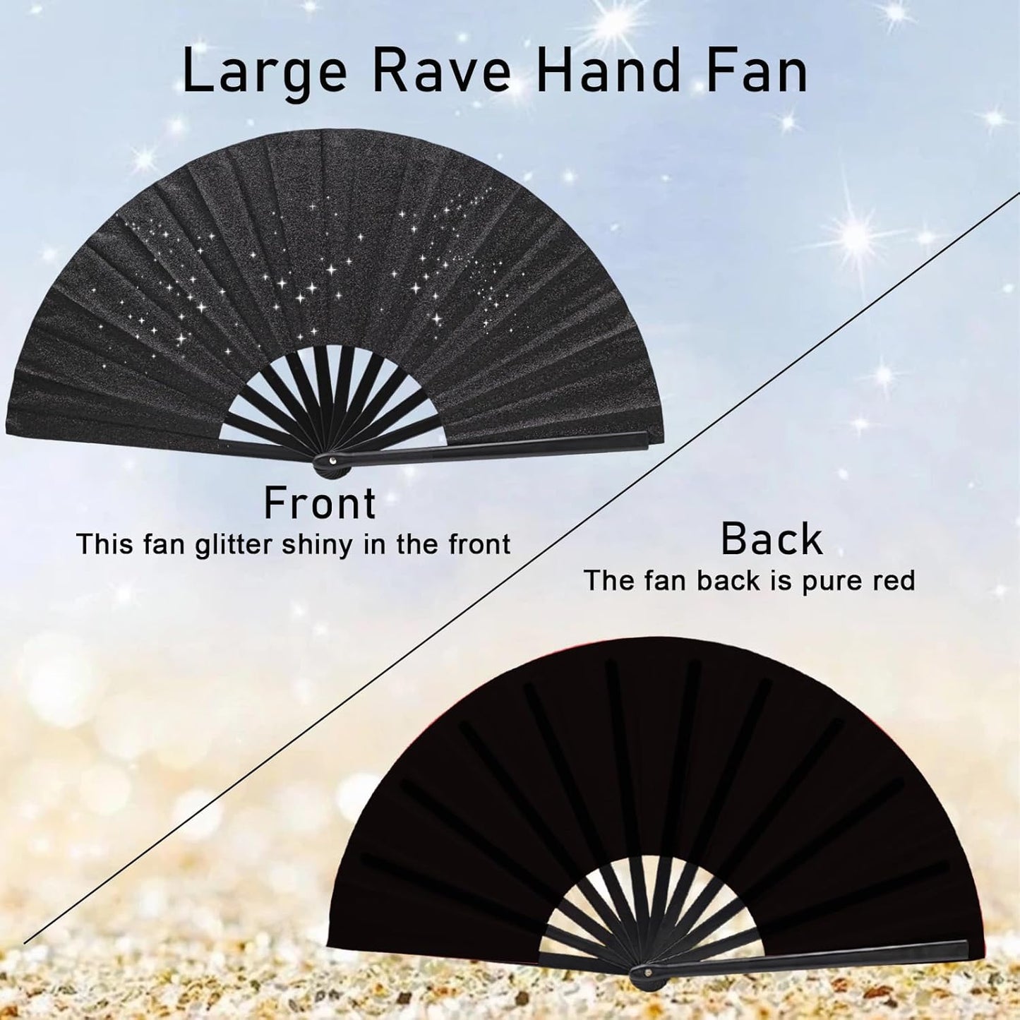 Glitter bling Large Folding Fan-Hand Fan Rave Clack Popping Fan for Line Dancing Clacking Fans for Boots On The Ground Dance, Party for EDM, Music Festival, Hot Flashes, Party, Decoration(1pcs black)