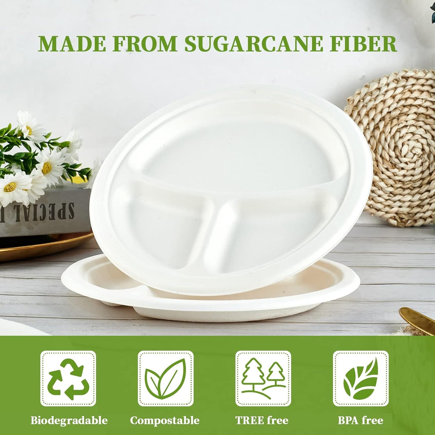 ECOLipak 150 Pack Compostable 3 Compartment Plates, 10 inch Heavy-Duty Disposable Biodegradable Sugarcane Bagasse Paper Plates for Party Dinner
