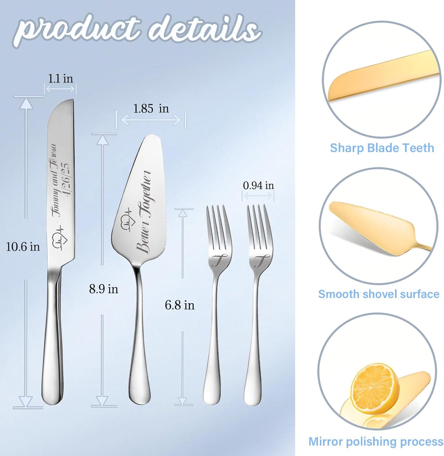 Personalized Wedding Cake Knife and Server Set, Custom Names Cake Cutting Set with Stainless Steel Forks, Customized Bridal Anniversary Birthday Wedding Registry Gifts (Silver)