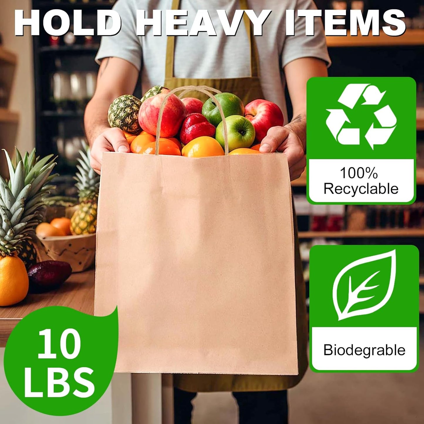 BAG BOX 100 Pcs Medium 8.25x4.3x10.6 Inch Brown Kraft Paper Gift Bags with Handles for Bulk Wedding, Party Favors, Grocery, Shopping, Retail Merchandise, Gift Sacks