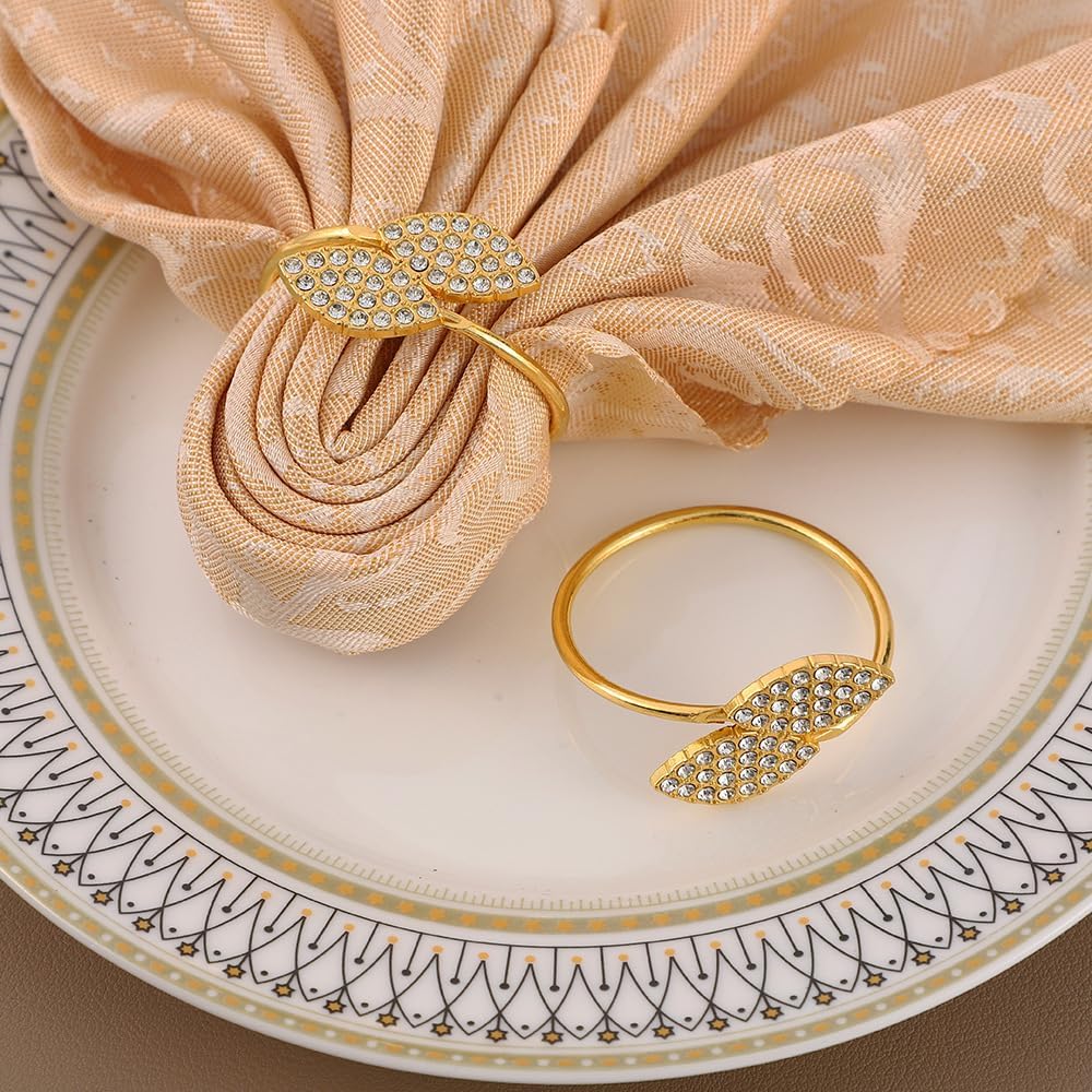 Set of 100 Napkin Rings Metal Gold Elegant Bling Leaves Rhinestone Napkin Ring, Napkin Rings Bulk Dinner Banquet Serviette Decor, Dining Table Setting for Thanksgiving Christmas Holiday Wedding Party