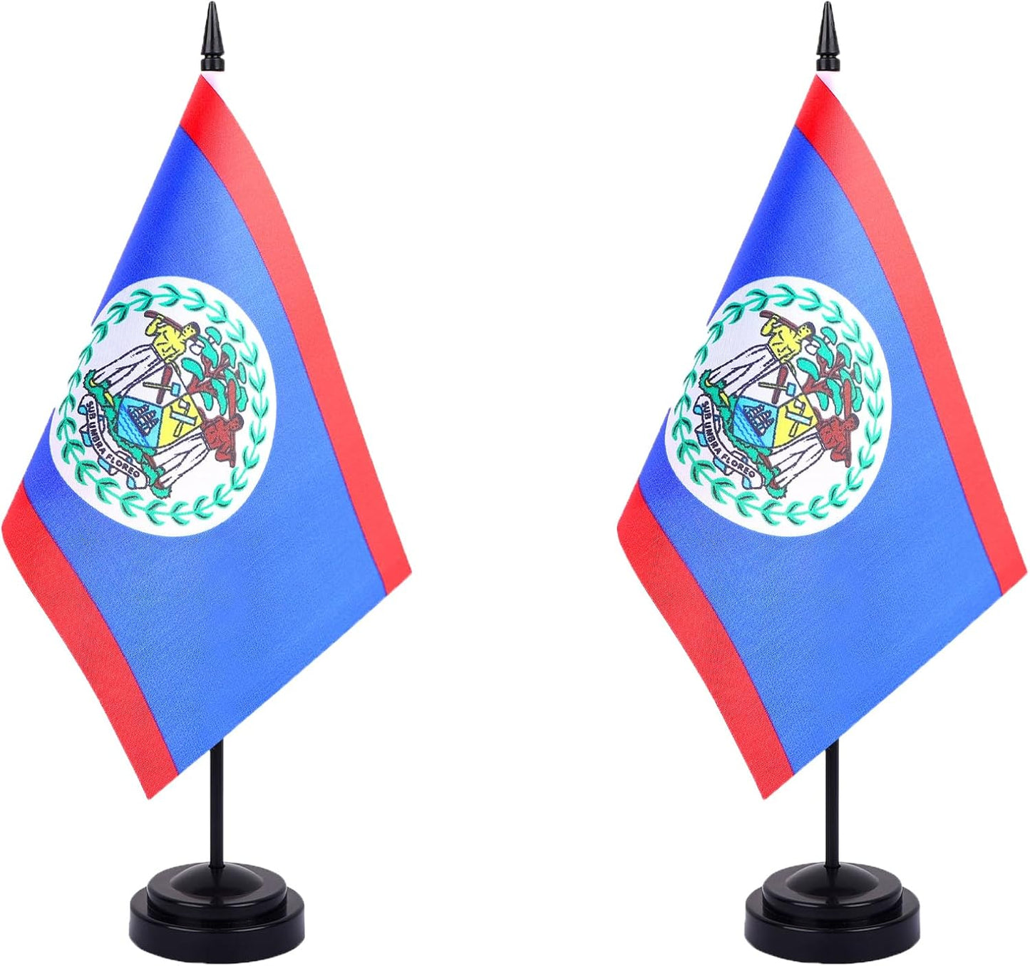 Belize Desk Flag 12" Solid Pole Deluxe Set Belizeans Flags Banner Mini Small Belize Office Table Flags with Black Stand Base Desktop Decorations(2Pack)