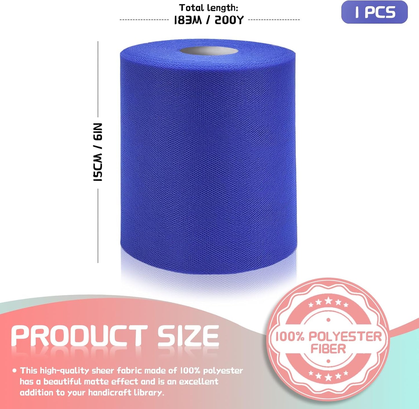 6" x 200 Yards Royal Blue Tulle Fabric Rolls, Blue Spool Tulle Ribbon for DIY Tutu Skirt Wedding Decoration Baby Shower Birthday Party Backdrop Gift Wrapping Bow Craft Supplies