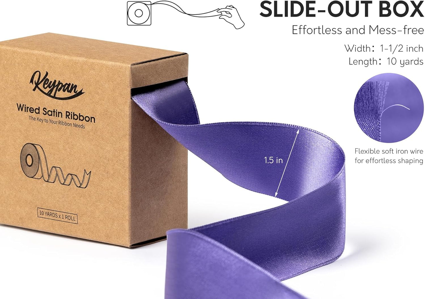 Purple Satin Ribbon Double-Faced Wired Ribbons for Gift Wrapping Flower Bouquet Bows Wedding Invitation Christmas Decor Crafts 1-1/2 Inch 10 Yards