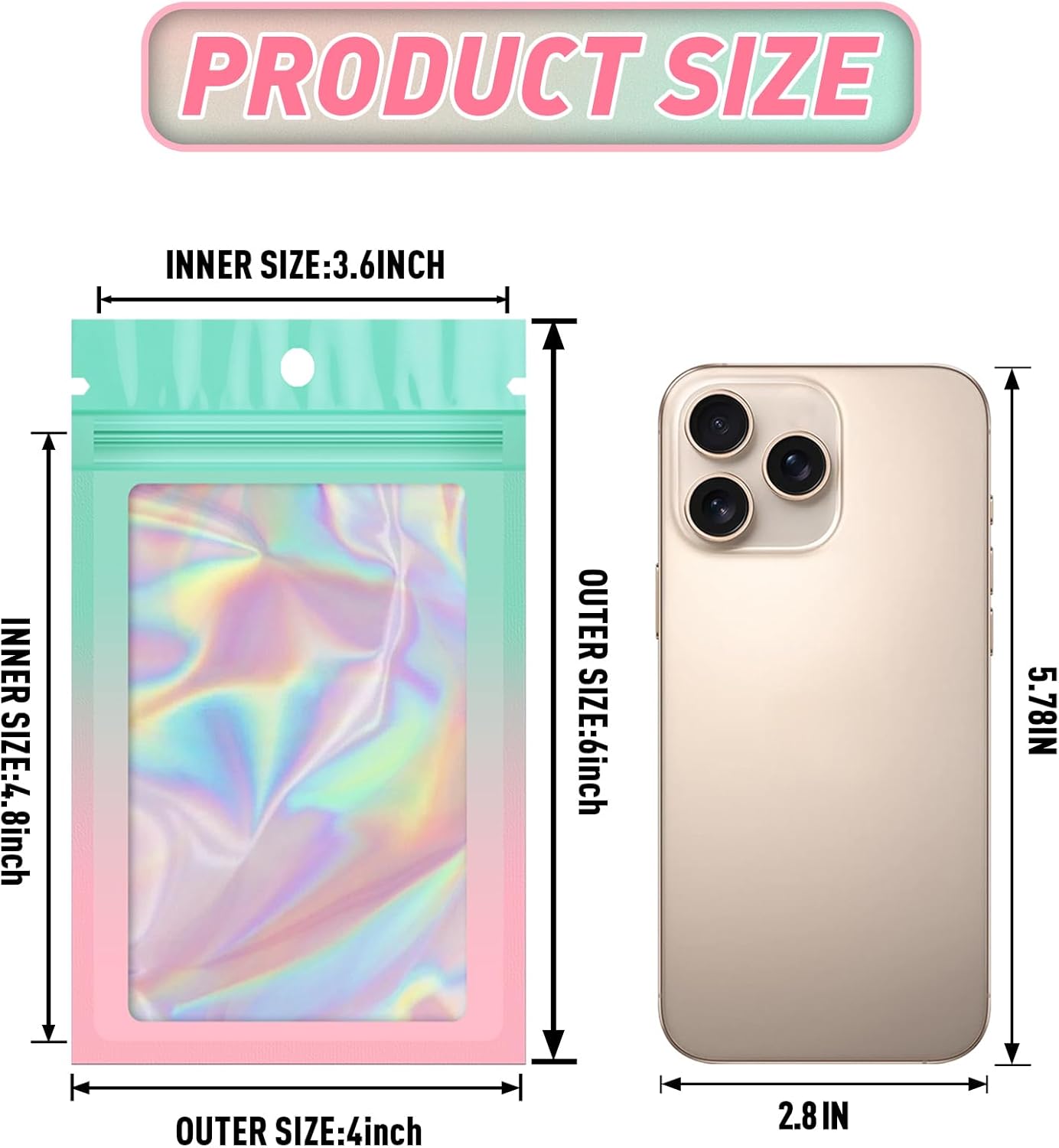 Funfery 100 Pack Gradient Holographic Bags,Mylar Resealable Bags with Zipper,Clear Window Packaging Pouchs,Foil Smell Proof Bag for Food Storage,Sample Jewelry Baggies(4×6In,Green Pink)