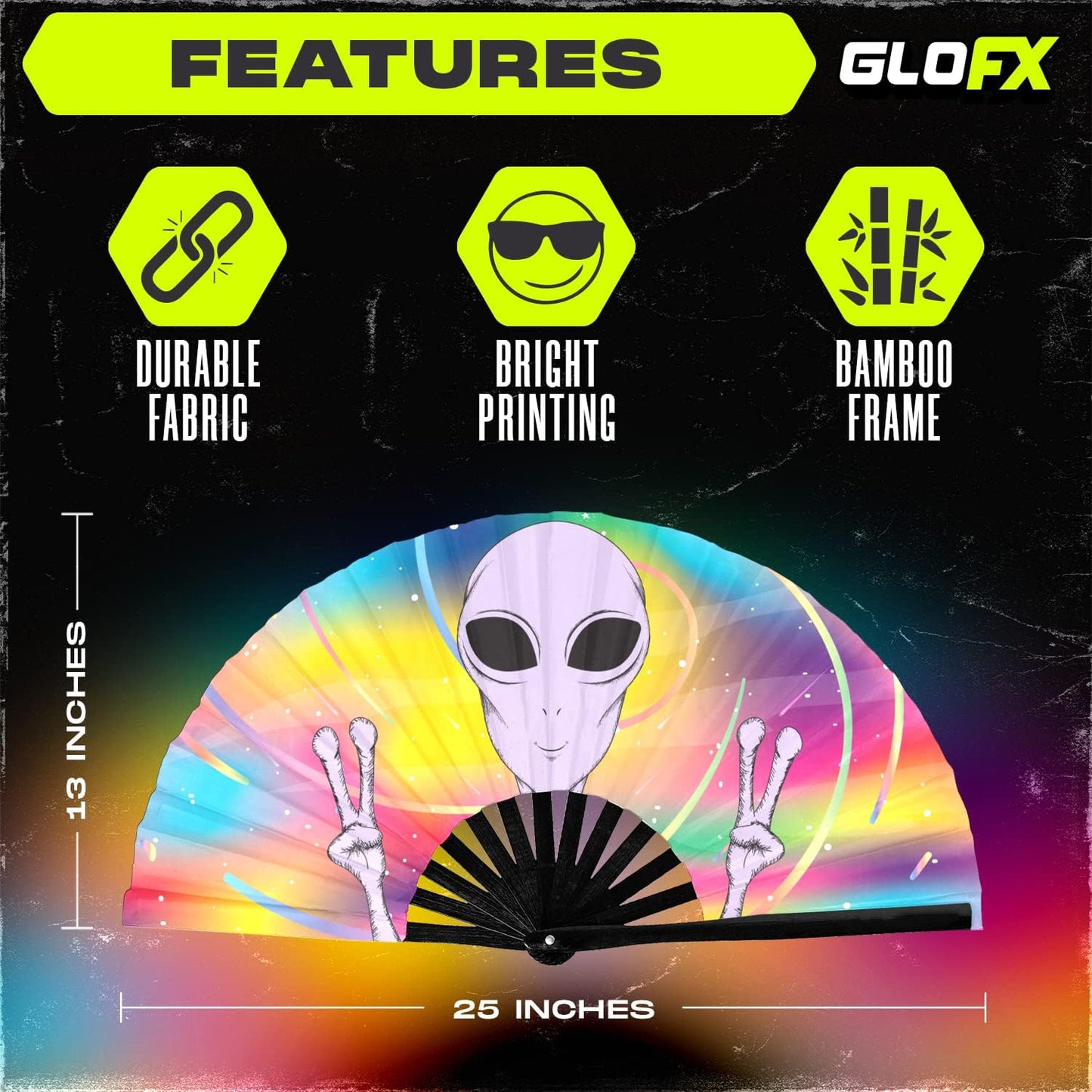 GloFX Rave Fan - Rainbow Alien - Large Folding Fan - Festival Gear for Music Festival Outfits, Rave Enthusiasts, and Cosmic Vibes